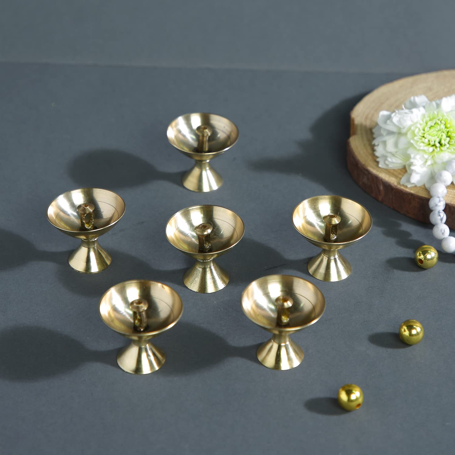 CraftVatika Brass Akhand Small Diya Oil Lamp Holder for Puja (4 x 3.2 CM, Golden) (6 Piece)