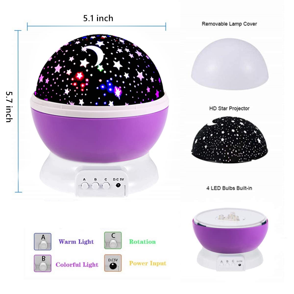 Borelor Star Night Light Projector, 12 Color Modes, 360° Rotating, 3 Piece Set, Purple, Model 178