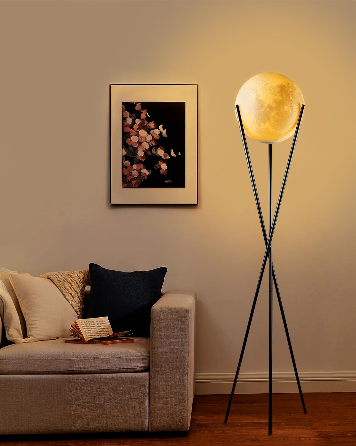 Lightdot 66'' Globe Moon Floor Lamp For Living Room Modern Black Tripod Floor Lamp With 3D Printing Frosted Shade E26 300K Bulbs