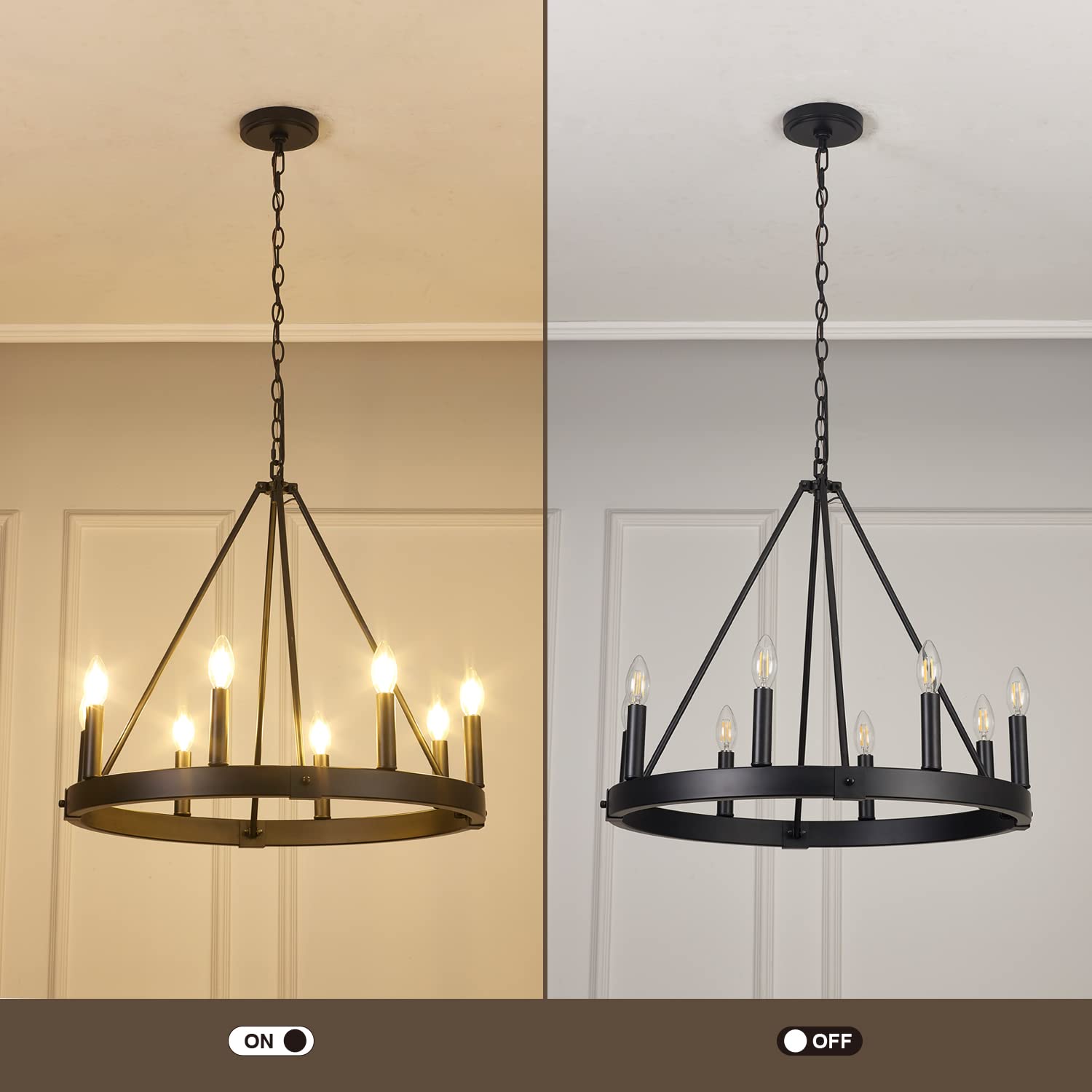 8-Light Farmhouse Wagon Wheel Chandelier, D24'' Black Round Chandeliers For Dining Room, Modern Industrial Kitchen Island Pendan