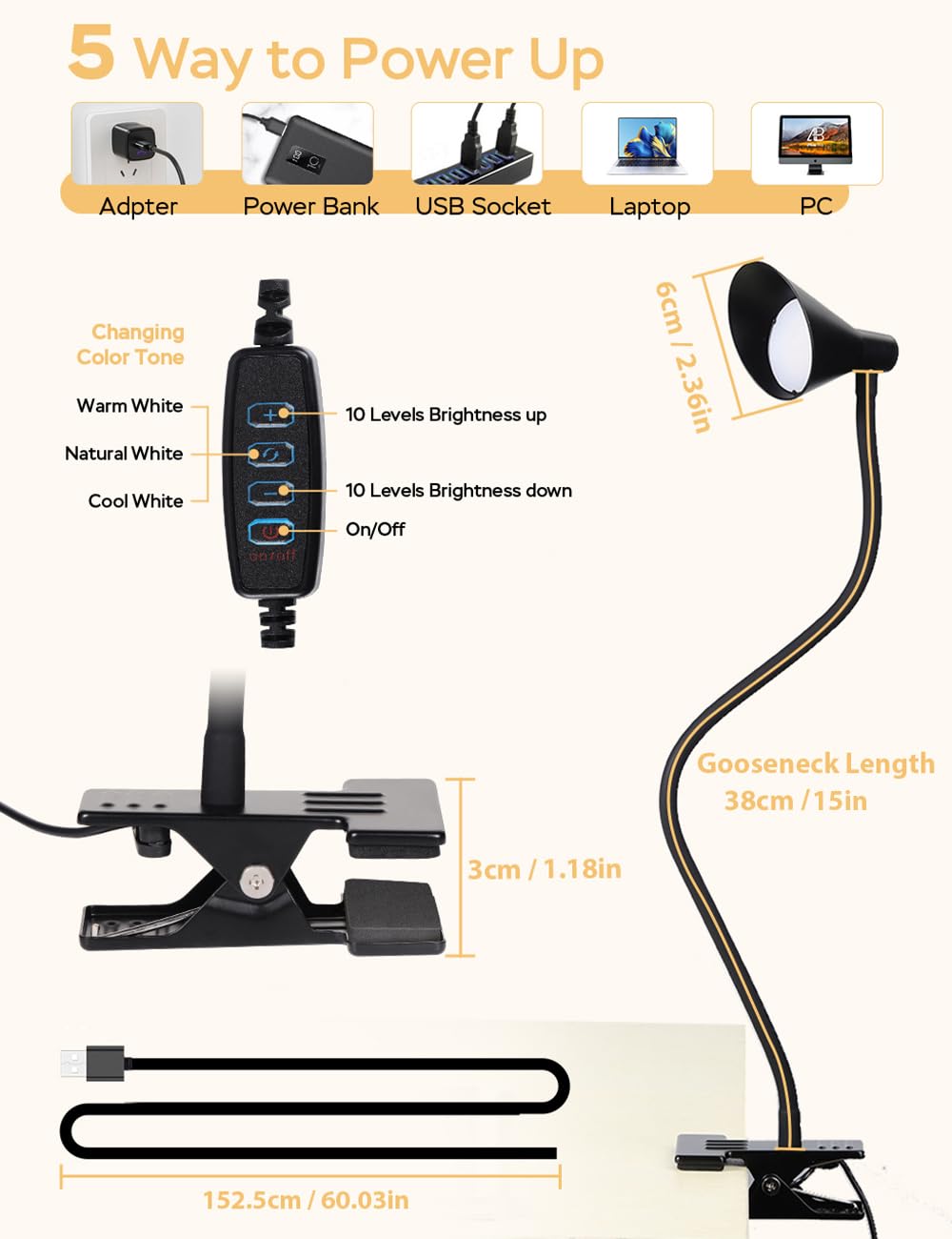 Lifmira Clip On Light Usb Reading Light 3 Color Modes 10 Brightness Levels Eye Care Clamp Light Flexible Gooseneck Dimmable Read