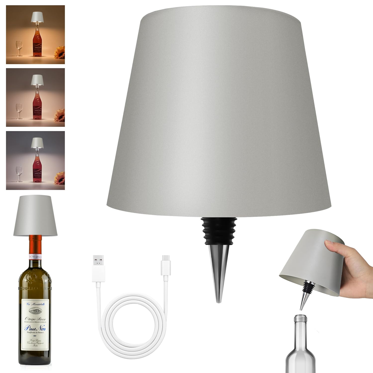 Hoide Wireless Bottle Lamp, Touch Dimming, 5.7in Gray Plastic, Waterproof Table Lamp for Bedroom, Bar, Restaurants, Outdoor Use