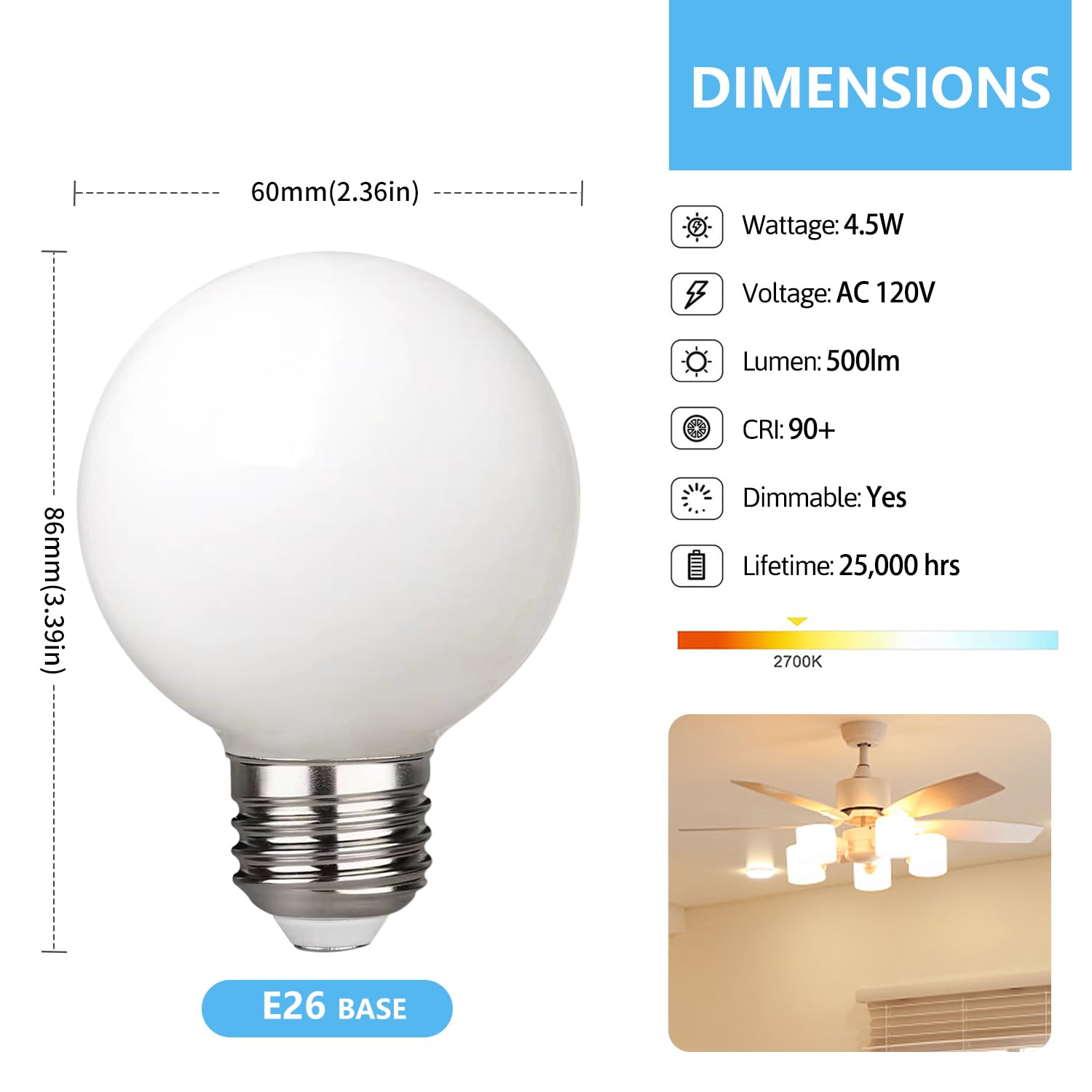 G19/G60 Led Globe Light Bulbs, 4.5W Led Filament Bulb (60W Equivalent),Warm White 2700K,Dimmable Makeup Mirror Lights For Bedroo