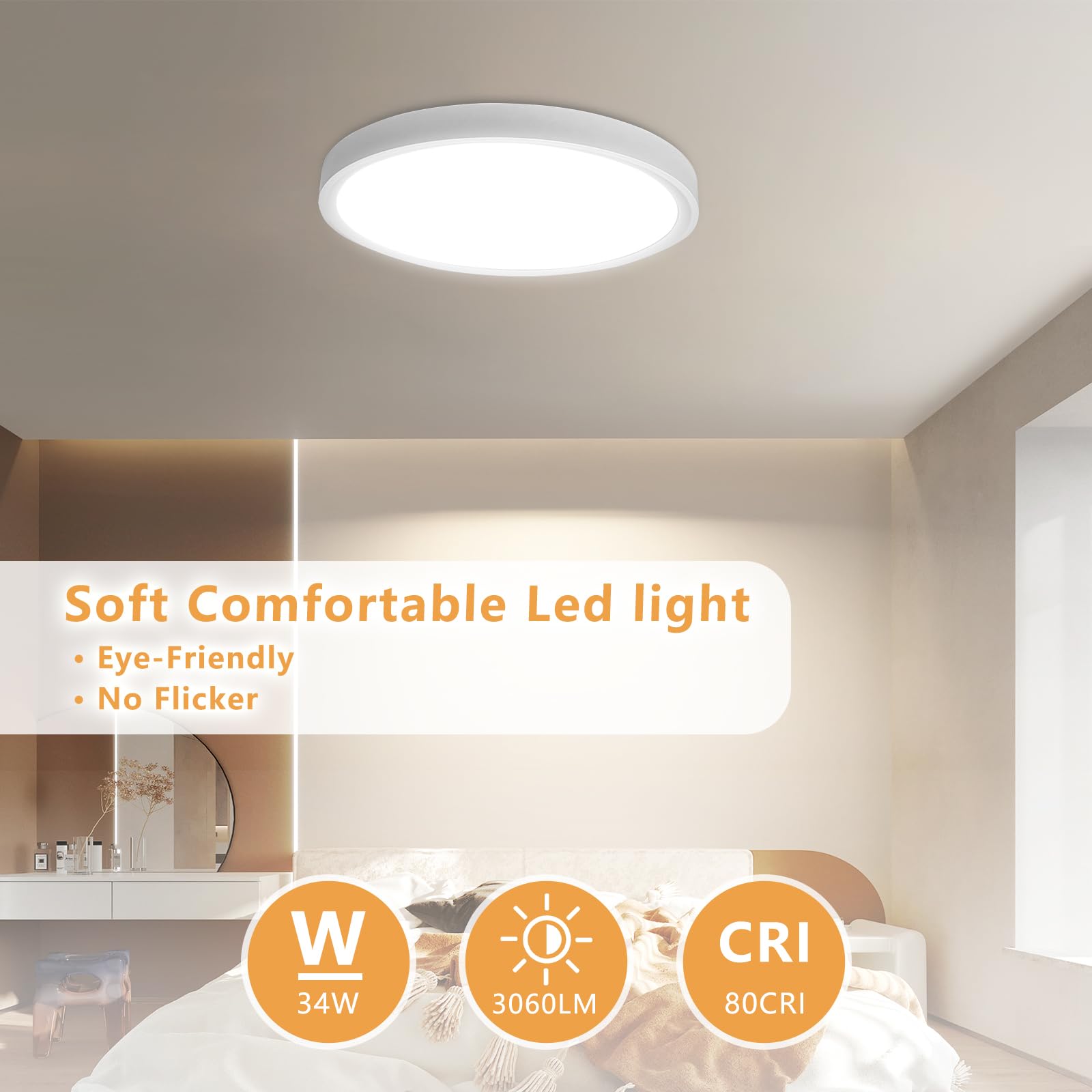 OFFIY LED Ceiling Light Flush Mount, 15.8 Inch, 34W, 3060LM, 3000K/4000K/6000K CCT Selectable,