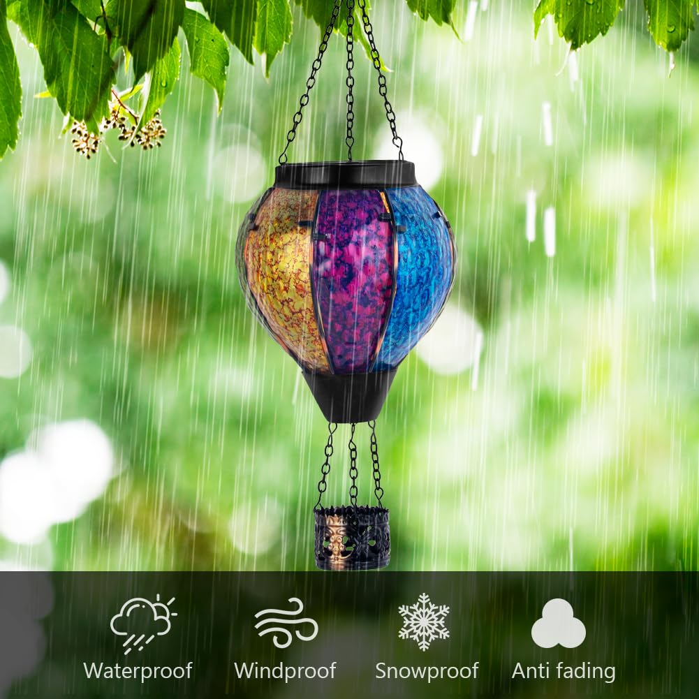 Giole Solar Hot Air Balloon Outdoor Lantern With Flickering Flame, Handmade Glass Hanging Outdoor Lantern Waterproof Decorative