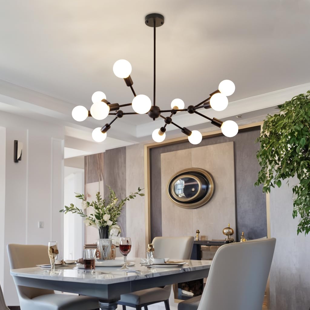 Quoobe Modern Black Sputnik Chandelier,12 Lights Metal Semi Flush Mount Ceiling Light Fixture For Bedroom Study Living Room Dini