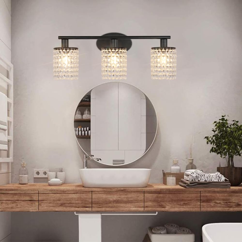 TISLYCO 3 Light Bathroom Vanity Fixture, Crystal Drop Wall Lamp, Black Metal