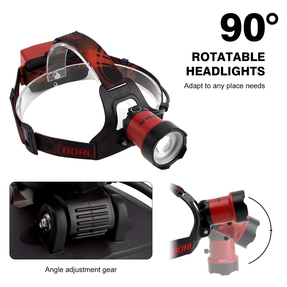 BORUIT B13 Rechargeable LED Headlamp - Super Bright, 90° Adjustable, IPX4 Waterproof, Red