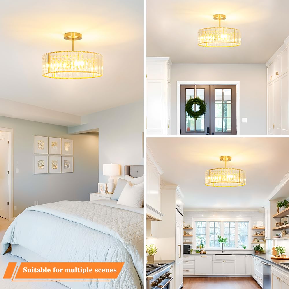 Modern Crystal Ceiling Light Fixture  Semi Flush Mount Ceiling Light  Brushed Brass Hallway Lighting Fixtures Chandelier  Crystal Chandelier For Kitchen Bedroom Dining Room Closet  5-Light  16 Inch
