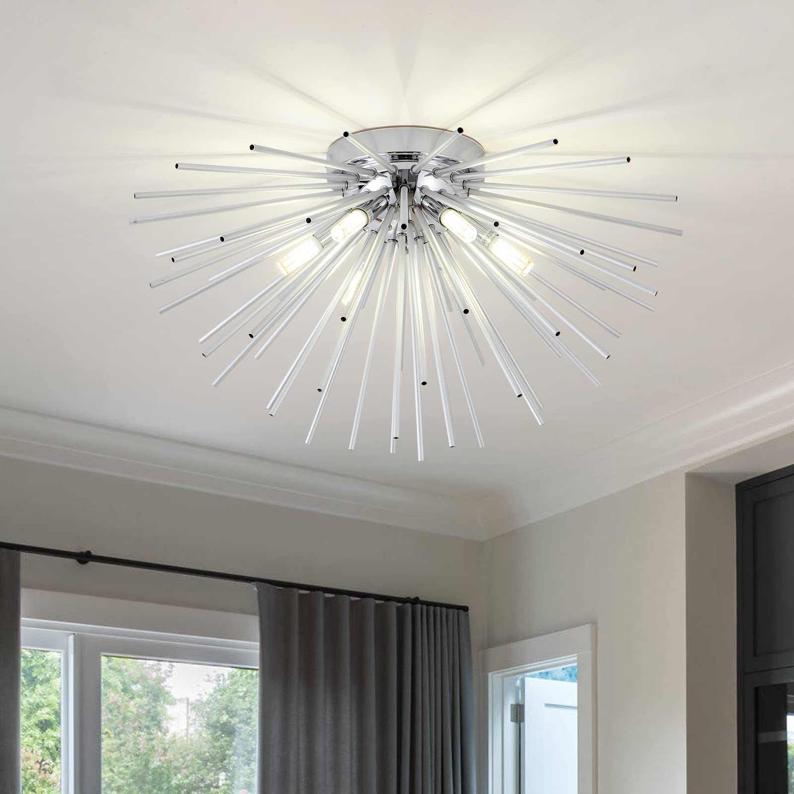 Sputnik Flush Mount Ceiling Light Fixture, 6-Light Chrome Firework Ceiling Lights, 19.6'' Modern Chandeliers Close to Ceiling La