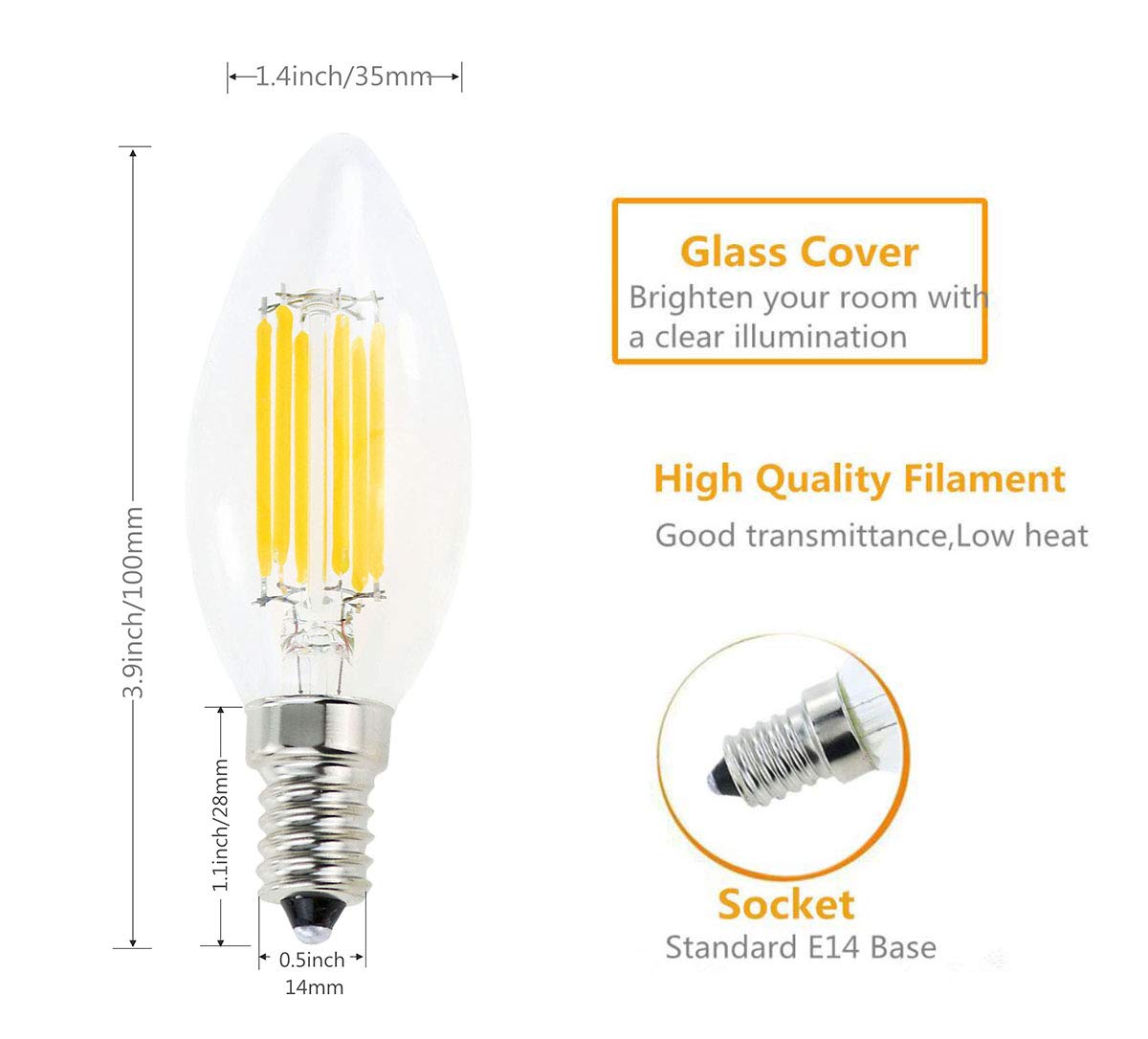 Lamsky E14 Led Filament Candle Shape Light Bulb,E14 European Base Bulb,Daylight 6000K 600Lm 60W Equivalent,C35 Clear Glass Torpedo Shape Bullet Top,No-Dimmable (2-Pack)