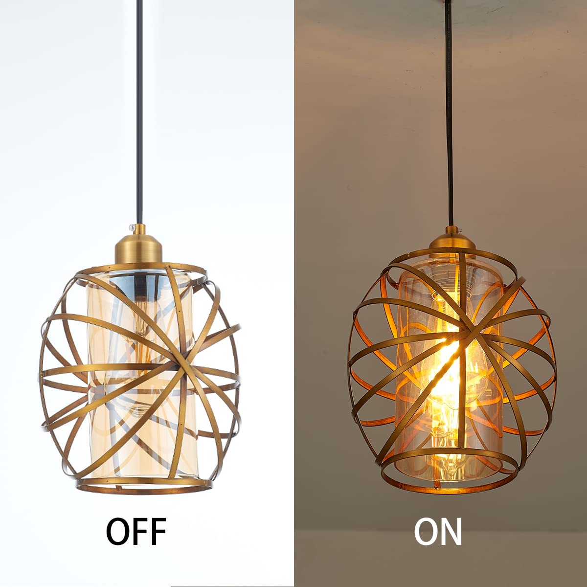YLONG-ZS Gold Plug-in Pendant Light, Dimmable Glass Hanging Lamp for Kitchen Island, Bedroom, Living Room, Model YL26A-Gold