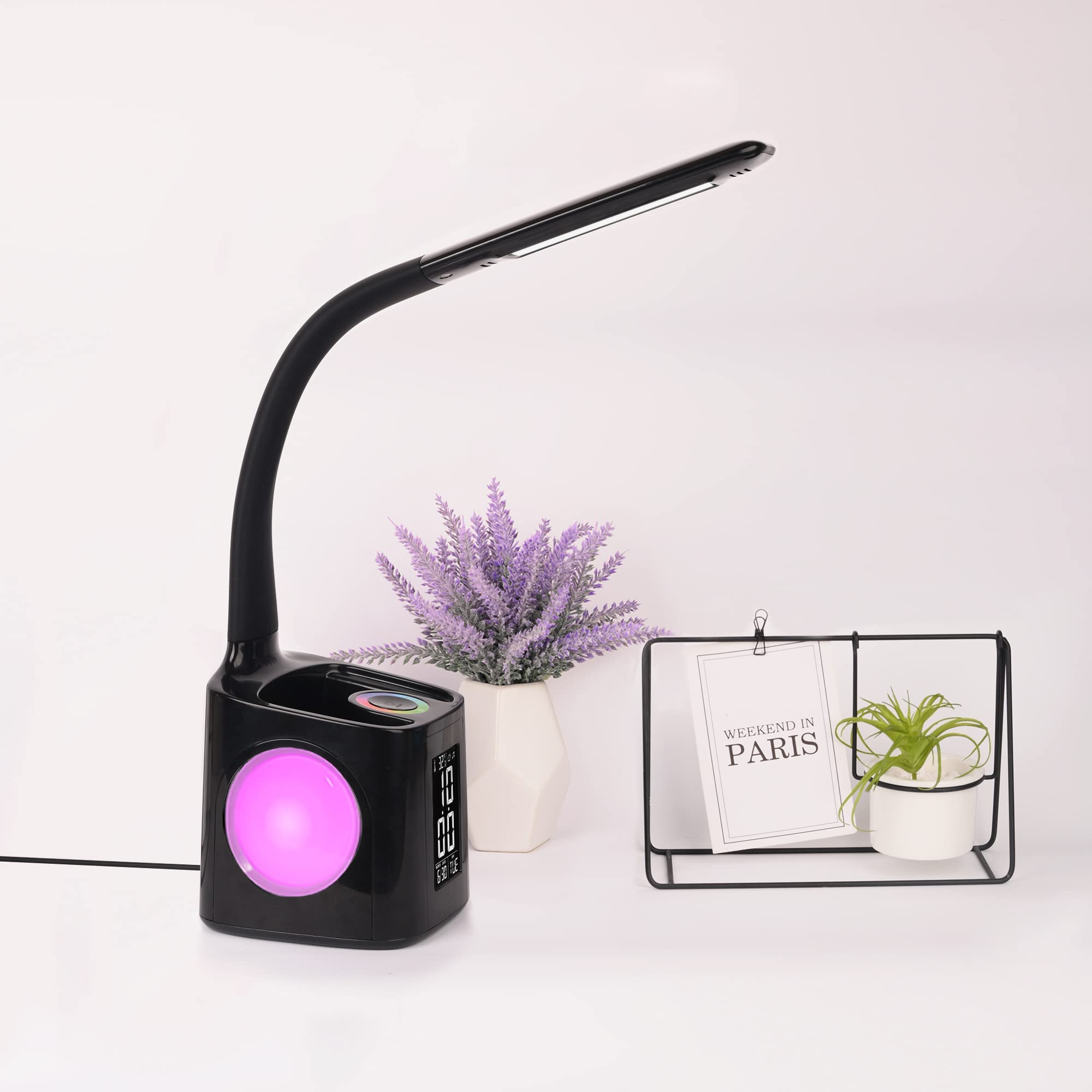 wanjiaone LED Desk Lamp with Clock, USB Charger, Pen Holder, Model T188, Black