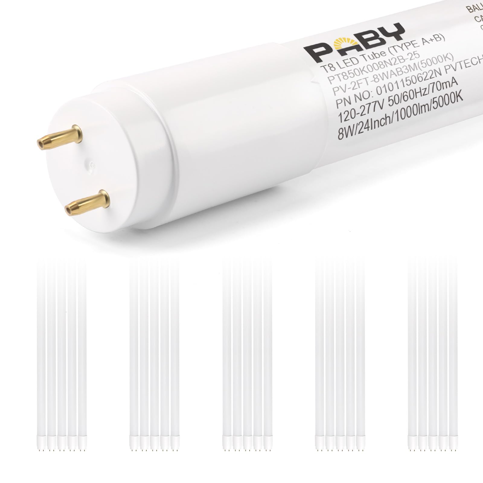 Paby 25 Pack 2FT T8 LED Type A+B Tube Light, 8W(15W Equivalent) 1000LM, 5000K, Plug & Play or Ballast Bypass, Single or Double E
