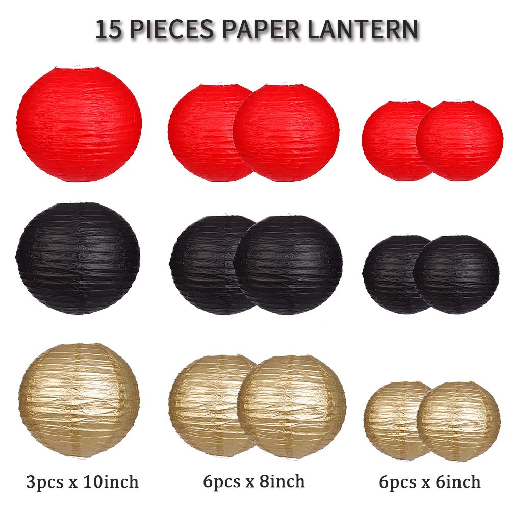 Zilue Paper Lanterns 15Pcs Decorative Party Supplies Black/Gold/Red For Weddings, Graduations, Birthdays - Model Pl1003