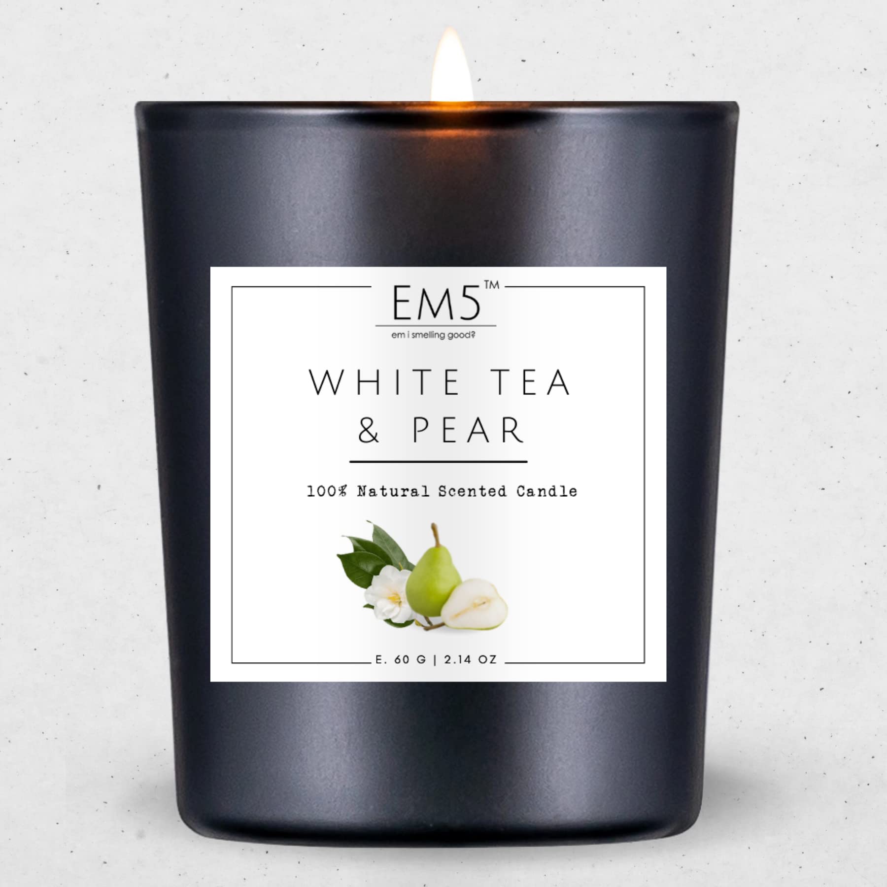 EM5 White Tea & Pear Fragrance Scented Candles for Home Dcor & Aromatherapy | Relaxing Aroma Candle | 60 Gm | Up to 20 Hours Bur
