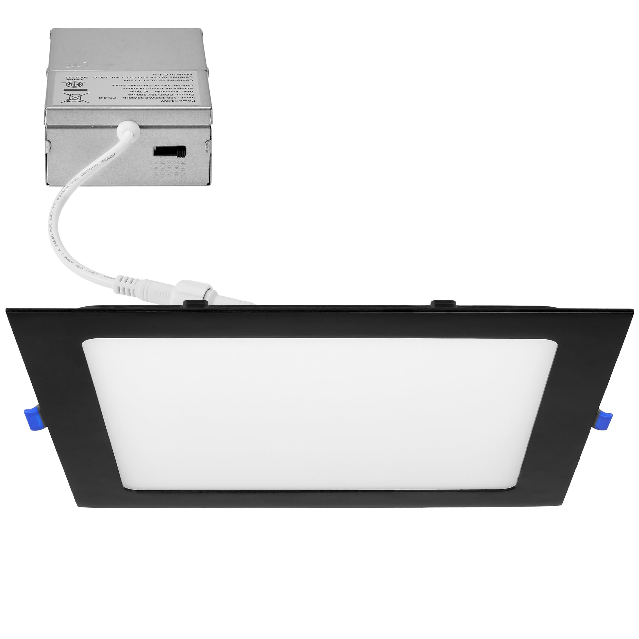 Maxxima 8 In. 5 Cct Square Recessed Led Downlight, 1400 Lumens, Slim Flat Panel Color Selectable (2700K/3000K/3500K/4000K/5000K), Dimmable, Canless Ic Rated, Black Trim, J-Box Included