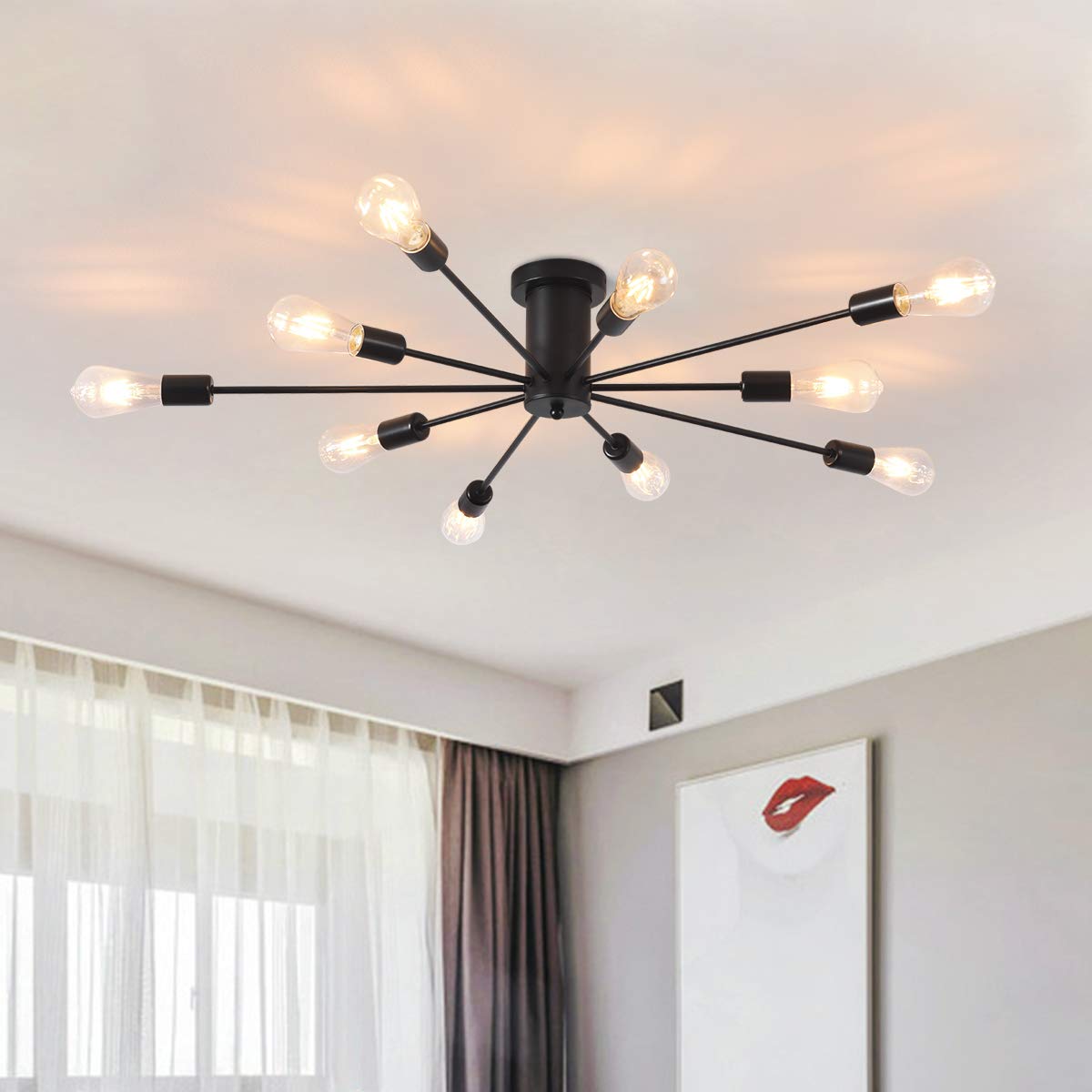 Garwarm Semi Flush Mount Ceiling Light 10-Light Black Sputnik Chandelier Model 8080-10 Metal Fixture for Kitchen Dining Room