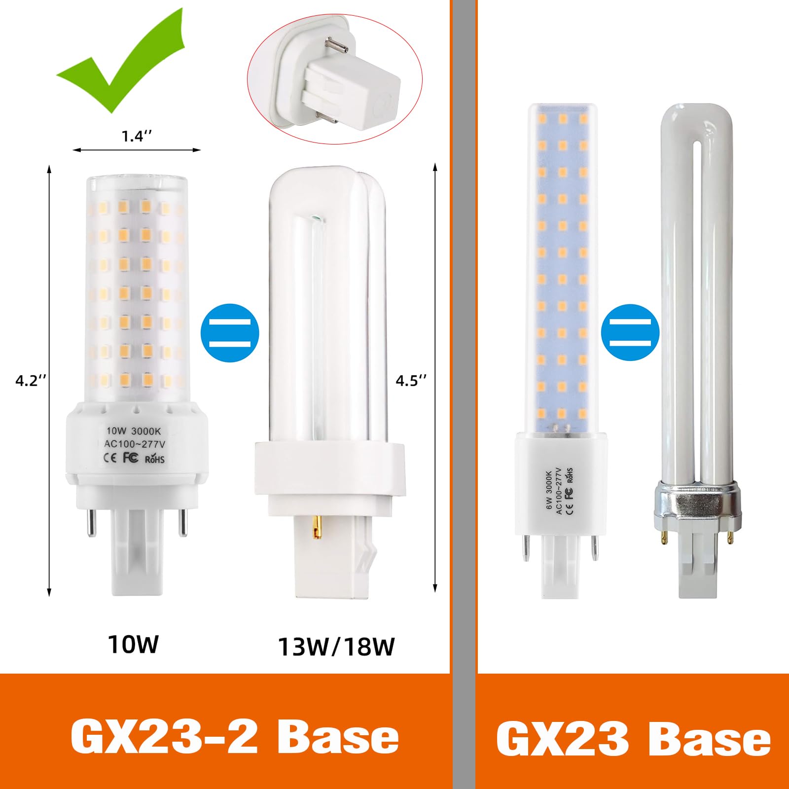 Lidesheng Gx23-2 Base Led Light Bulb Plug And Play,3000K Warm White 2Pin Led Pl Bulb, 13W 18W Cfl Equivalent, Ballast Compatible