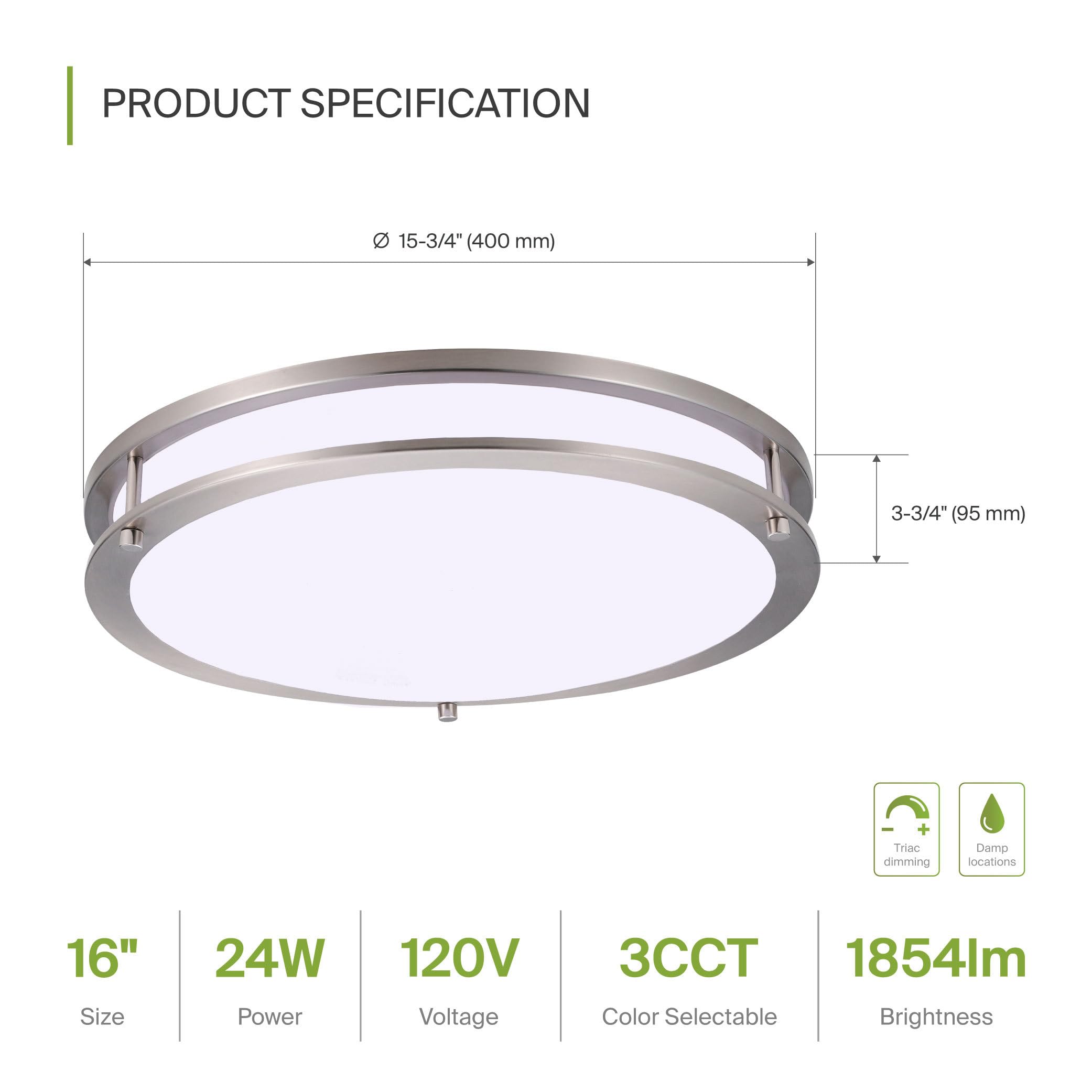 Asd Led 16 Inch Round Flush Mount Light Fixture | 24W 1900Lm 3000K-5000K 120V | 3Cct  Dimmable  Energy Star  Etl Listed | Close To Ceiling Double Ring Lamp  Low Profile Lighting | Nickel