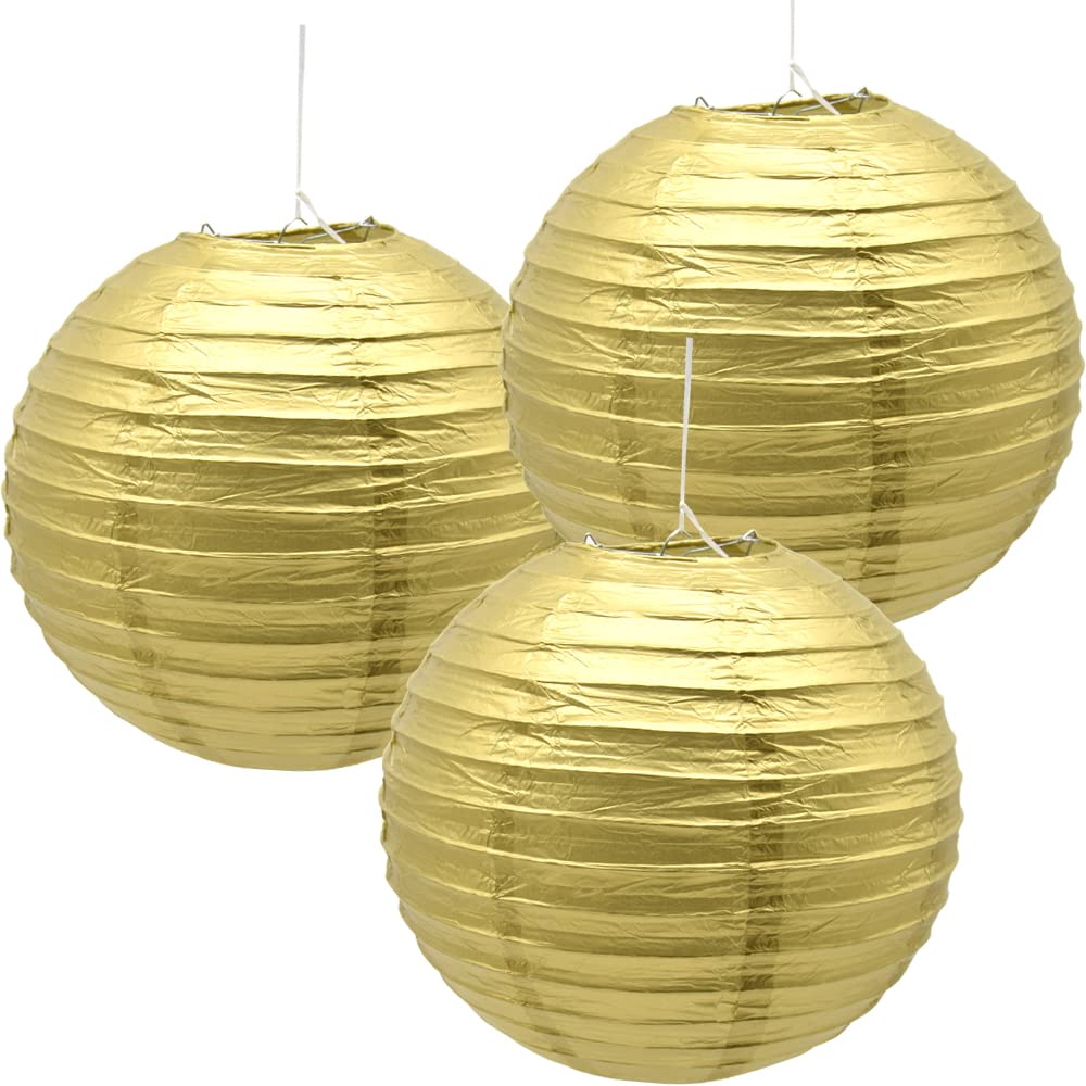 Hocansen 3Pcs Paper Lanterns Decorative Round Chinese Paper Lanterns For Birthday Halloween Wedding Baby Bridal Shower Home Decor Party Decoration (12In/Gold)