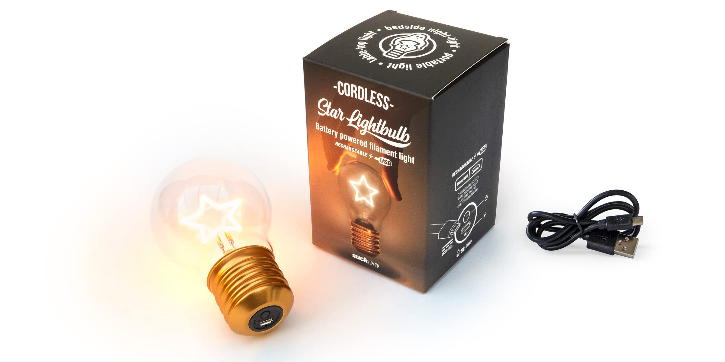 Suck UK Rechargeable Star Shaped Table Lamp - Gold, USB Light, Cordless Edison Bulb Night Light for Bedroom, Model SK LIGHTBULB4