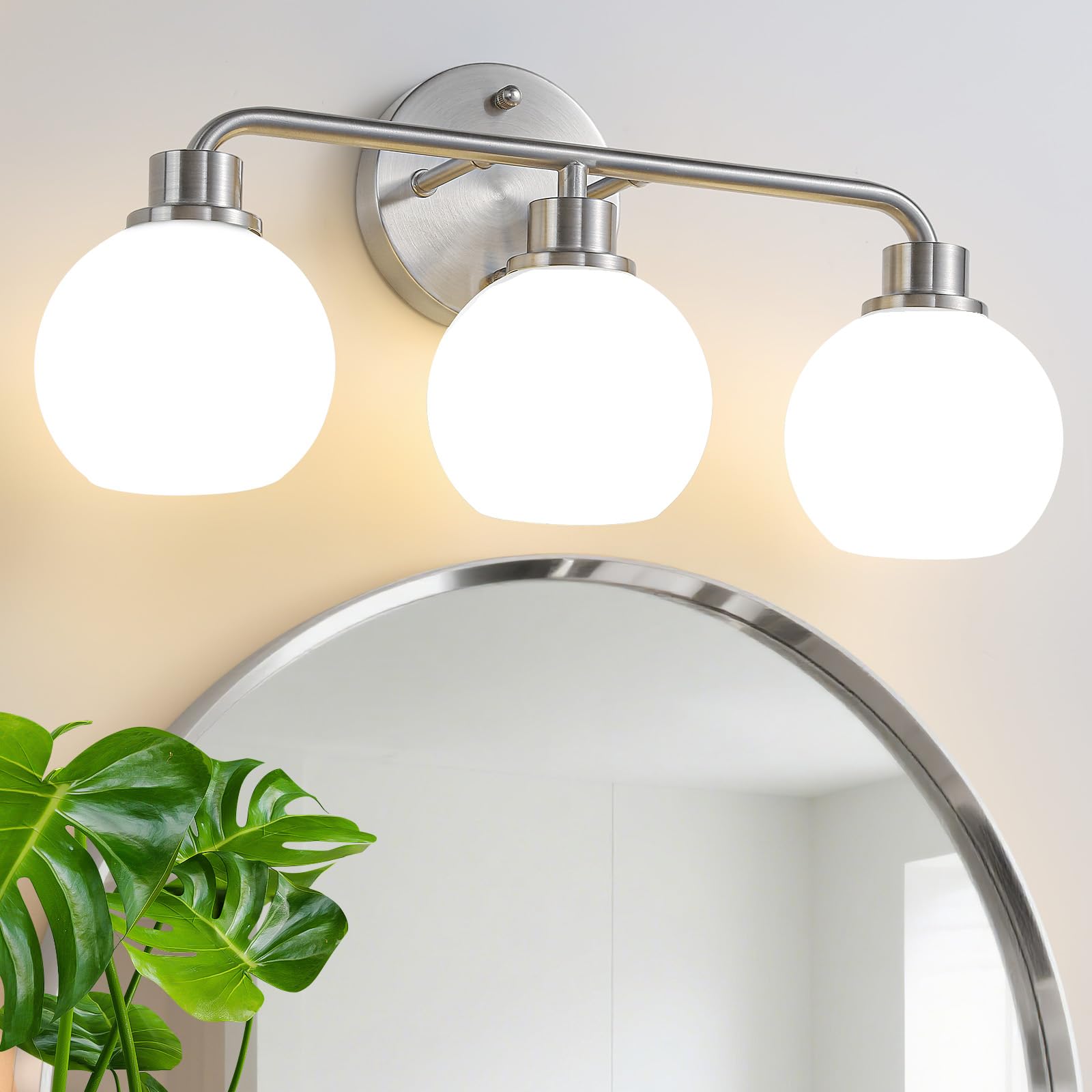Watyo Bathroom Light Fixtures Brushed Nickel Vanity Light 3 Light Wall Sconces Lighting Silver Lights with Milk Globe Glass Shades Bath Wall Lamp for Mirror Kitchen Living Room Bedroom Hallway