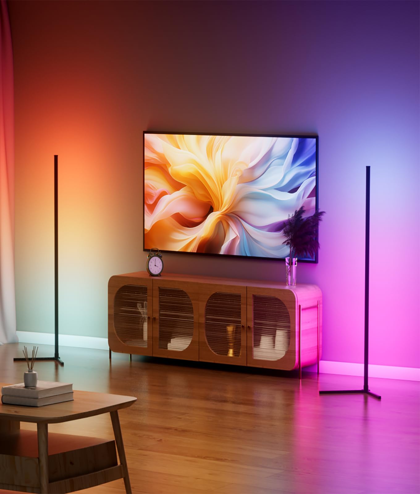 boostool 2 Pack Corner Floor Lamp, 65 RGB LED Corner Lamp, Color Changing Ambient Lighting with Music Sync - App and Remote Cont