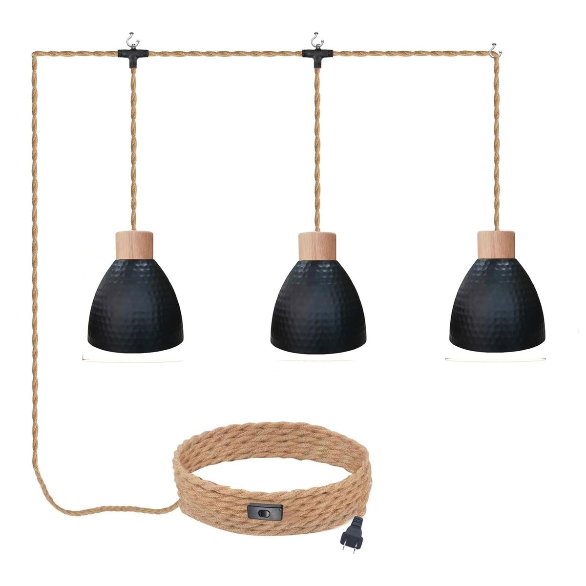 Alaislyc 3-Light Plug In Pendant Light 22Ft Industrial Hanging Lamp With Twisted Hemp Rope Independent Triple Switch Hanging Lig
