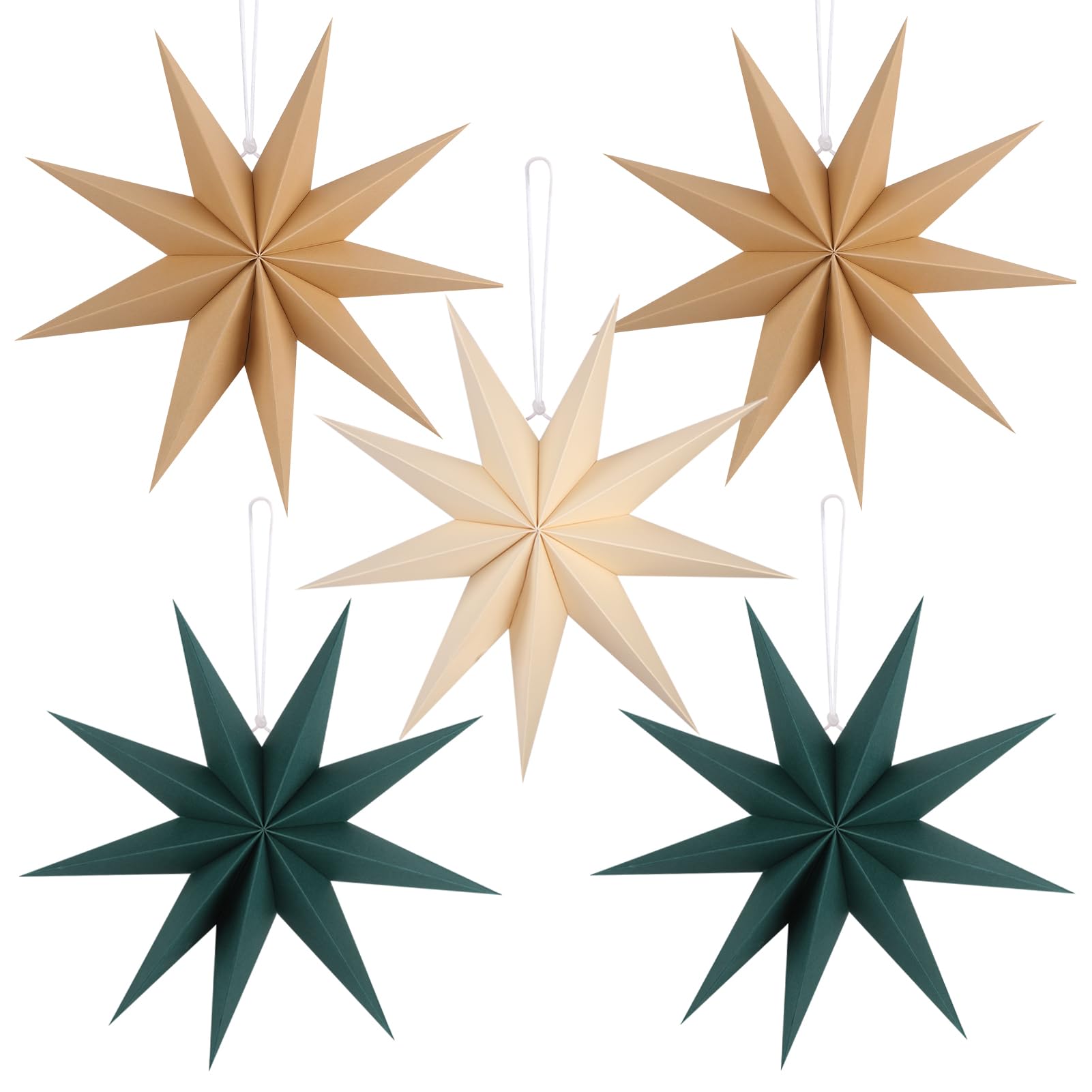BestoFun 12 Inches 5 PCS Brown Green Beige Paper Star Lanterns Christmas Party Decorations Hanging Stars Christmas Party Decorations Wedding Birthday Christmas Home Party Decorations(9 Pointed)