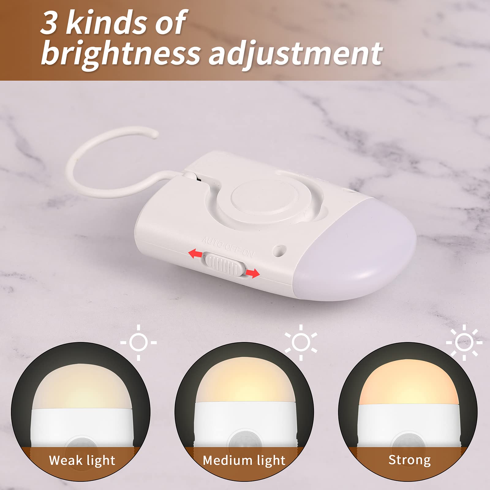 Motion Sensor Led Night Lights Warm White With Adjustable Brightness Rechargeable Battery, With Hook And Stick-On For Cabinet, W