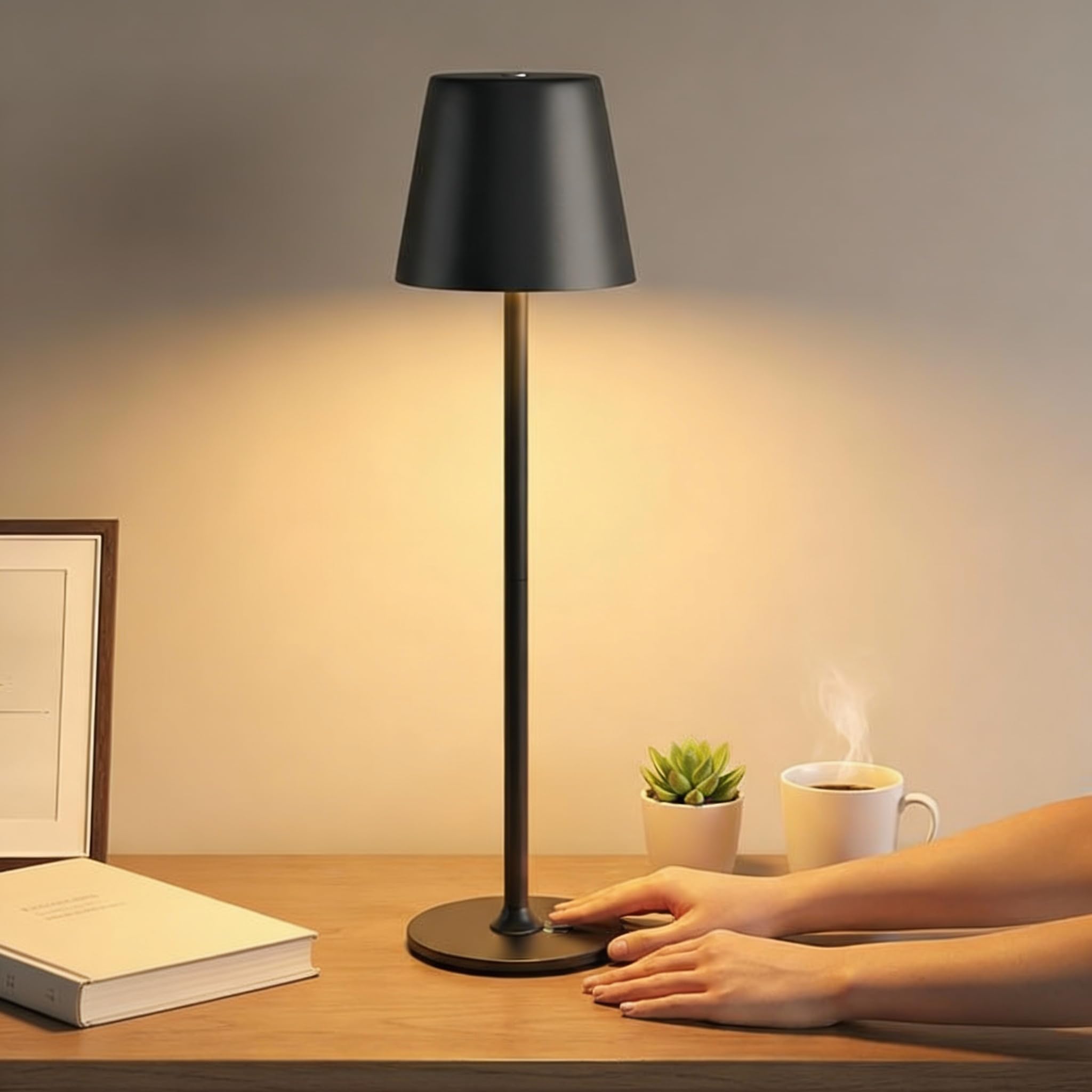 Holyask Cordless LED Table Lamp  Touch Dimmable Bedside Night Light  Rechargeable USB  Full Metal Body  Dual Battery  IP54 Waterproof - Black