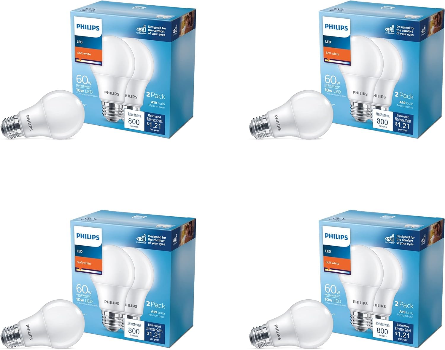 Philips Led Basic Frosted Non-Dimmable A19 Light Bulb - Eyecomfort Technology - 800 Lumen - Soft White (2700K) - 10W=60W - E26 B