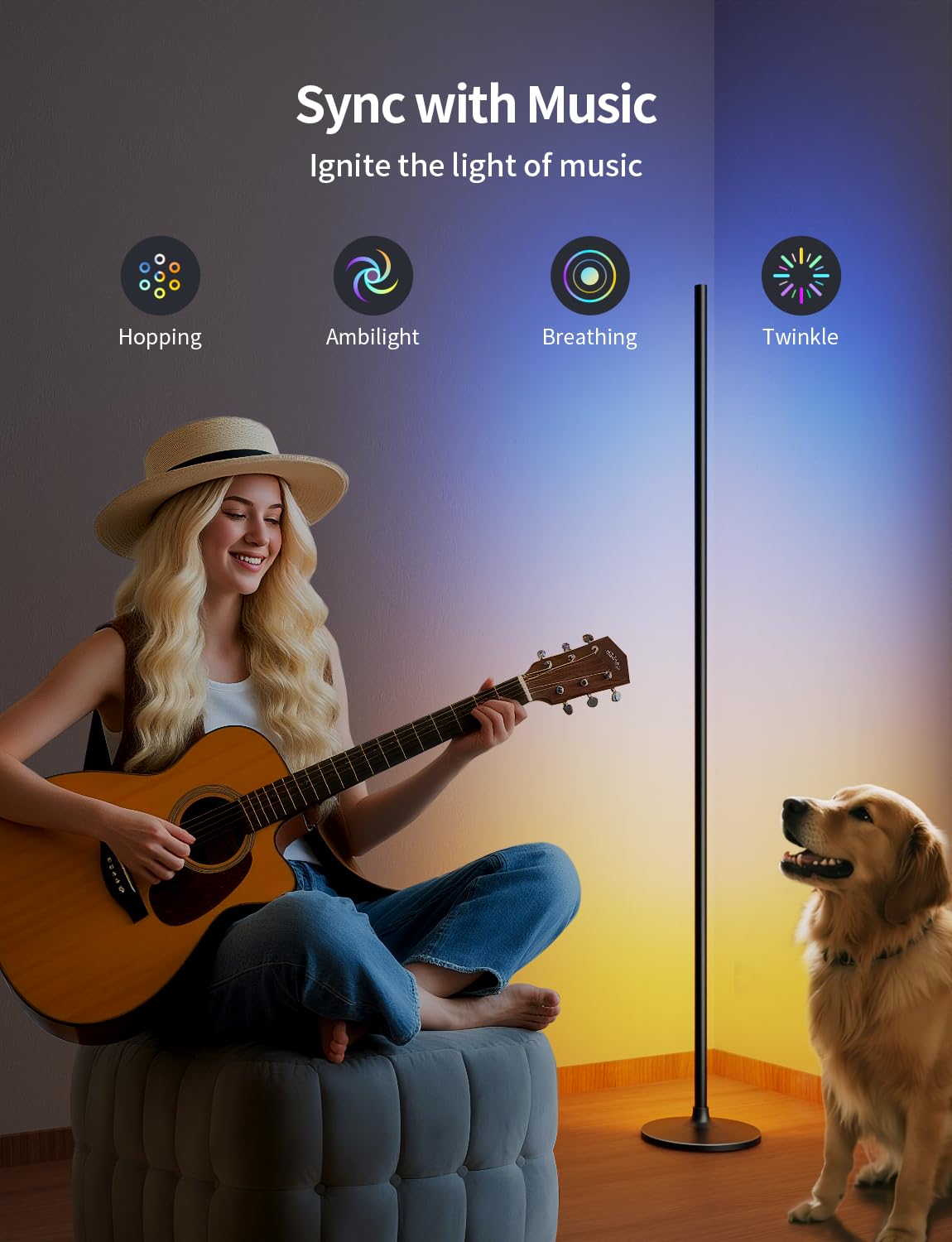 Ailofy Corner Floor Lamp - LED, Smart Control, 16 Million Colors, Sync with Music, Black, Model FLV1