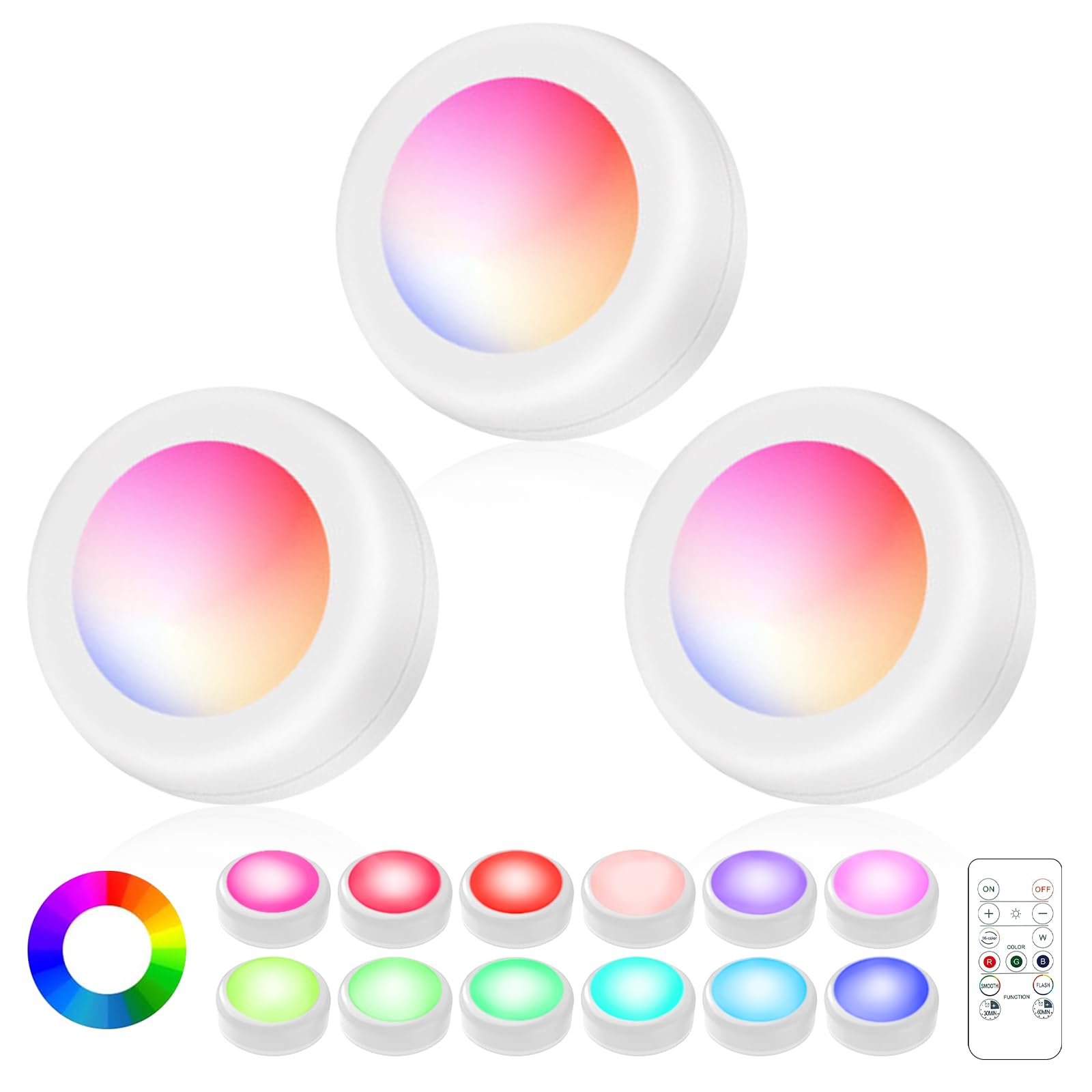 Lilampts LED Puck Lights with Remote Control, Wireless Under Cabinet Lighting,Color Changing Lights with Dimmer and Timer, AAA B