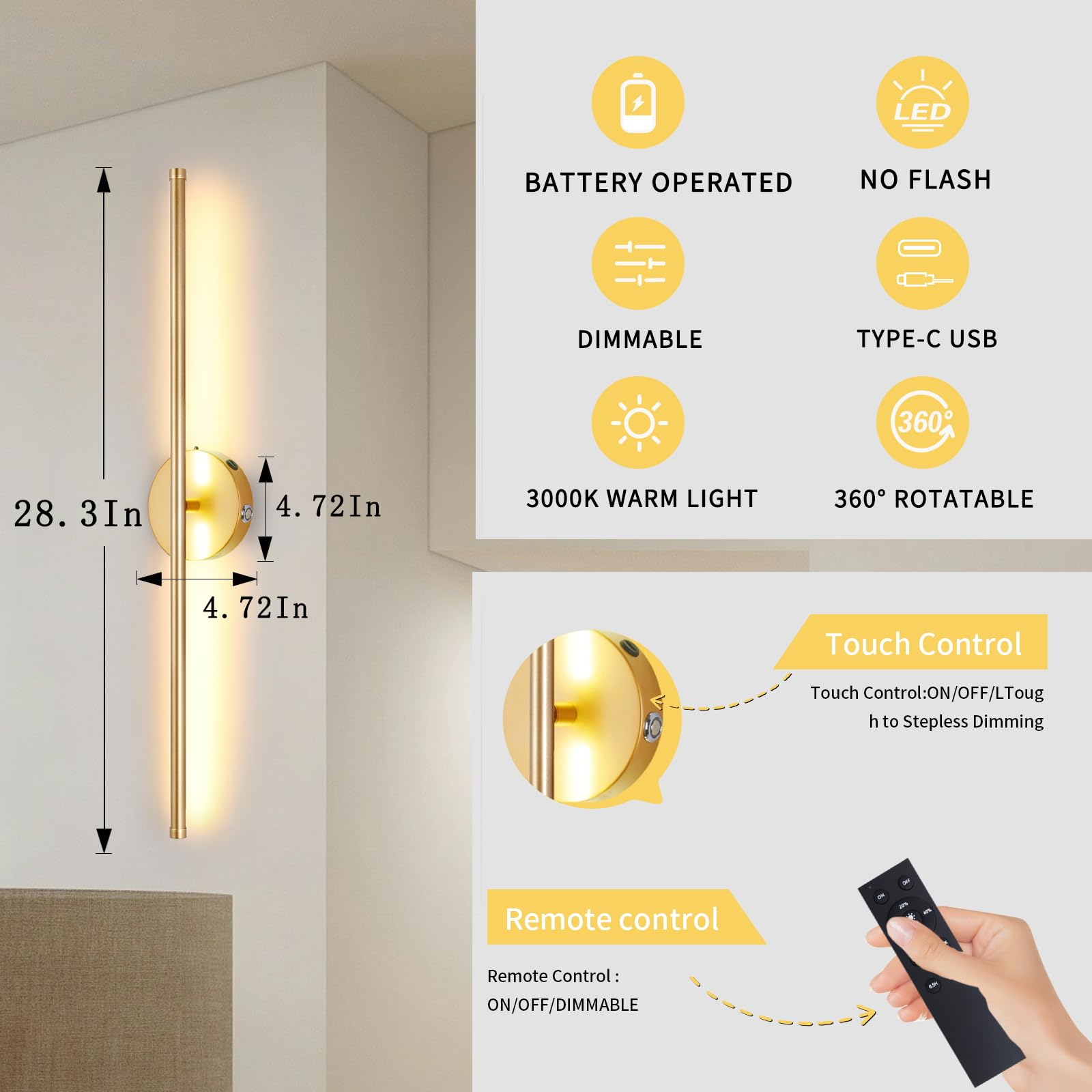 Battery Operated Wall Sconces Set of Two, USB Rechargeable Dimmable LED Wireless Wall Sconces with Remote Control, 360Rotate,Tim