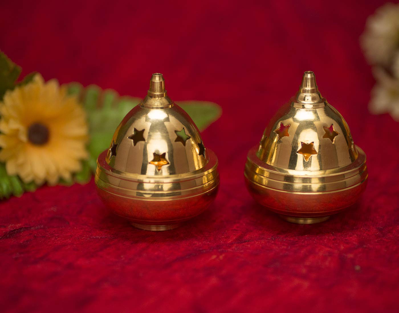 Rolimoli Pure Brass Apple Shape Akhand Diya with Star Holes Made in India (6.5 cm Height, Golden 2pcs)