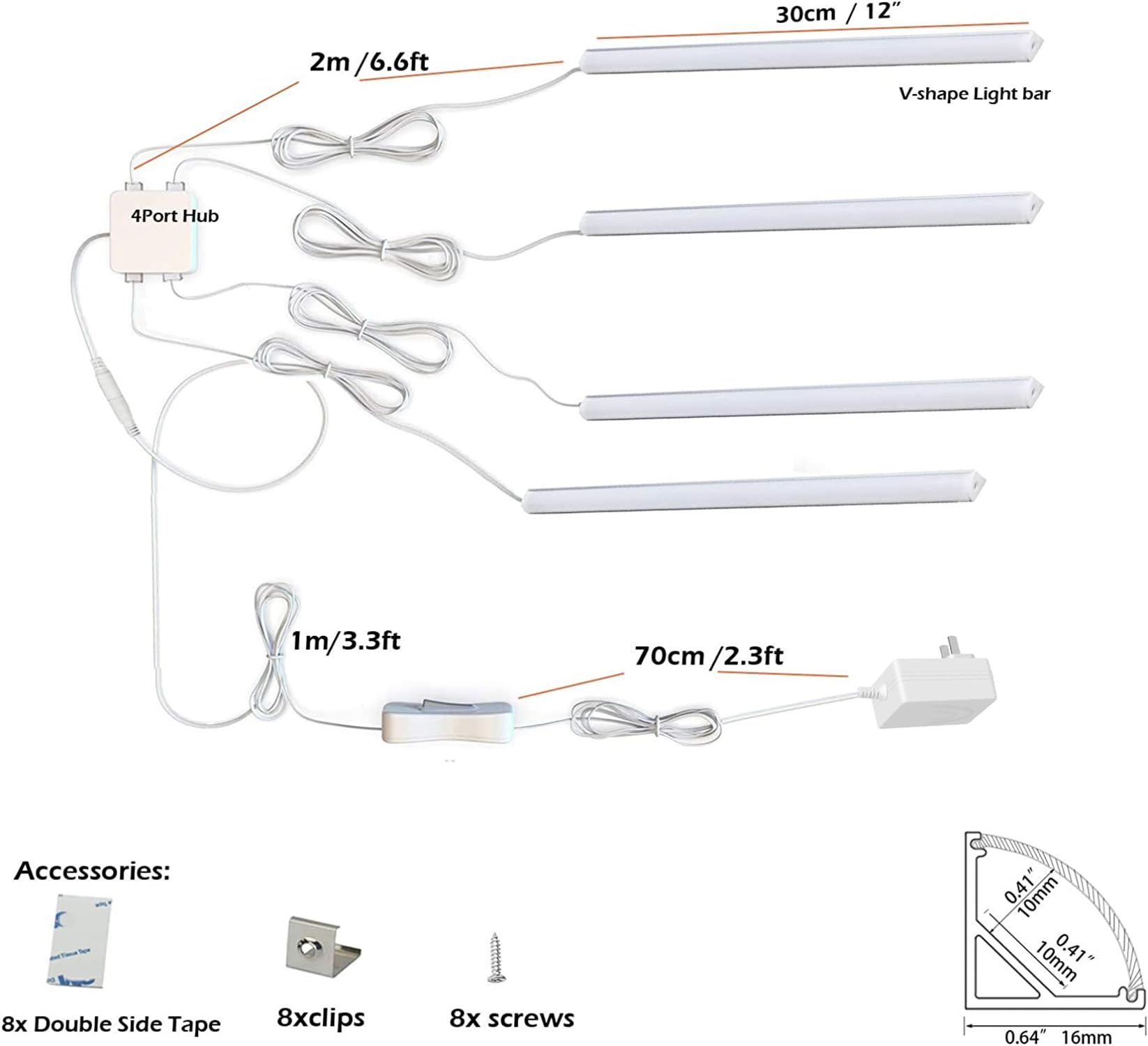 Cefrank LED Light Bars, 4pcs 12in V-Shape, 1200lm 12W, Pure White (6000K), Aluminum, Model HB-163