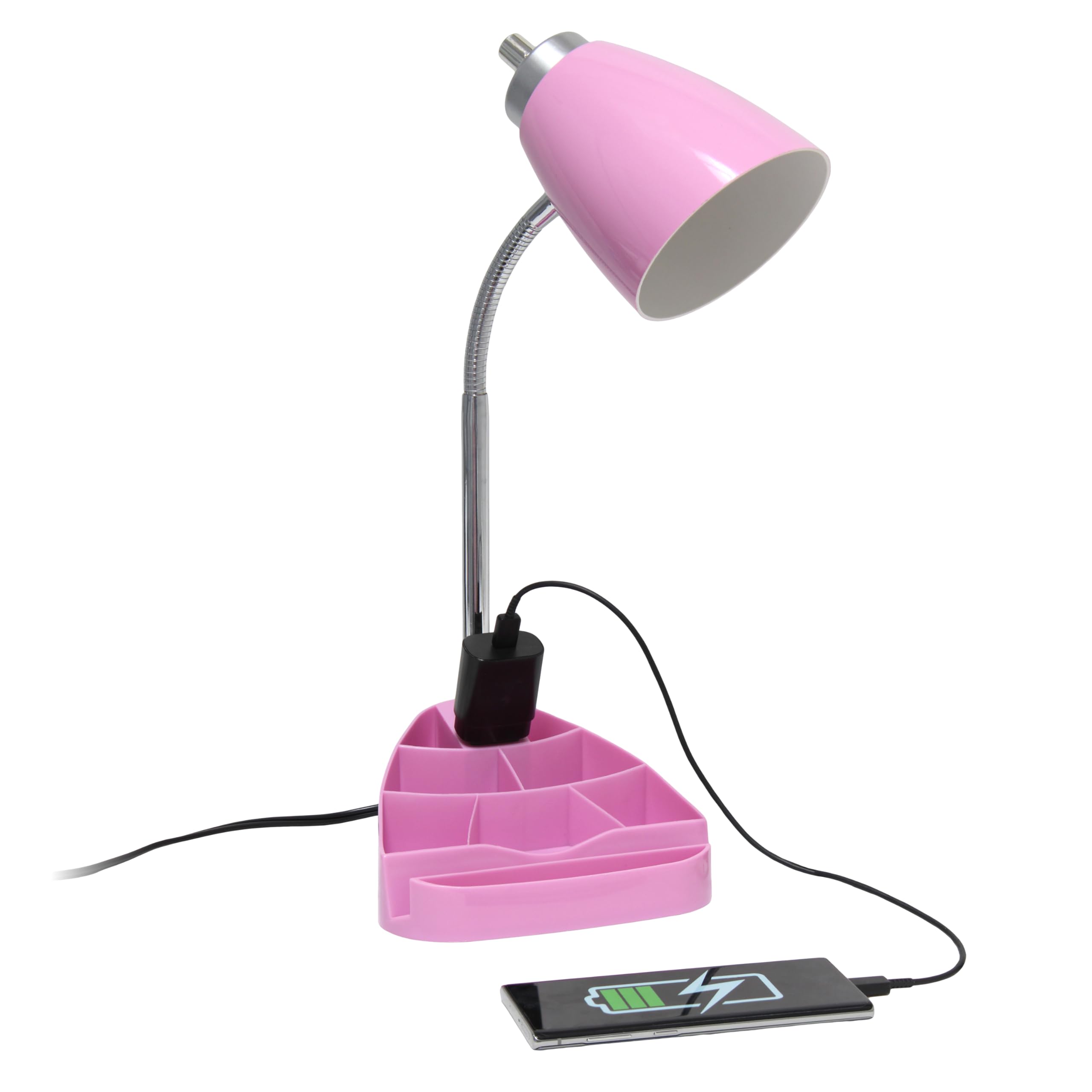 Simple Designs LD1094-PNK 18.5 All-in-One Gooseneck Desk Lamp with iPad Stand, Book Holder, and Convenient Charging Outlet, for