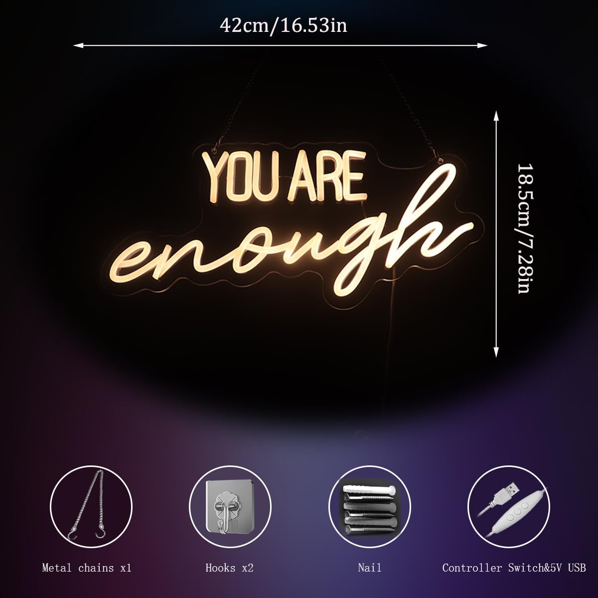 QiaoFei Neon Sign - inYou Are Enoughin USB Powered with Dimmer, 16.54x7.28 inches, Warm White, Model QFLGT240604010