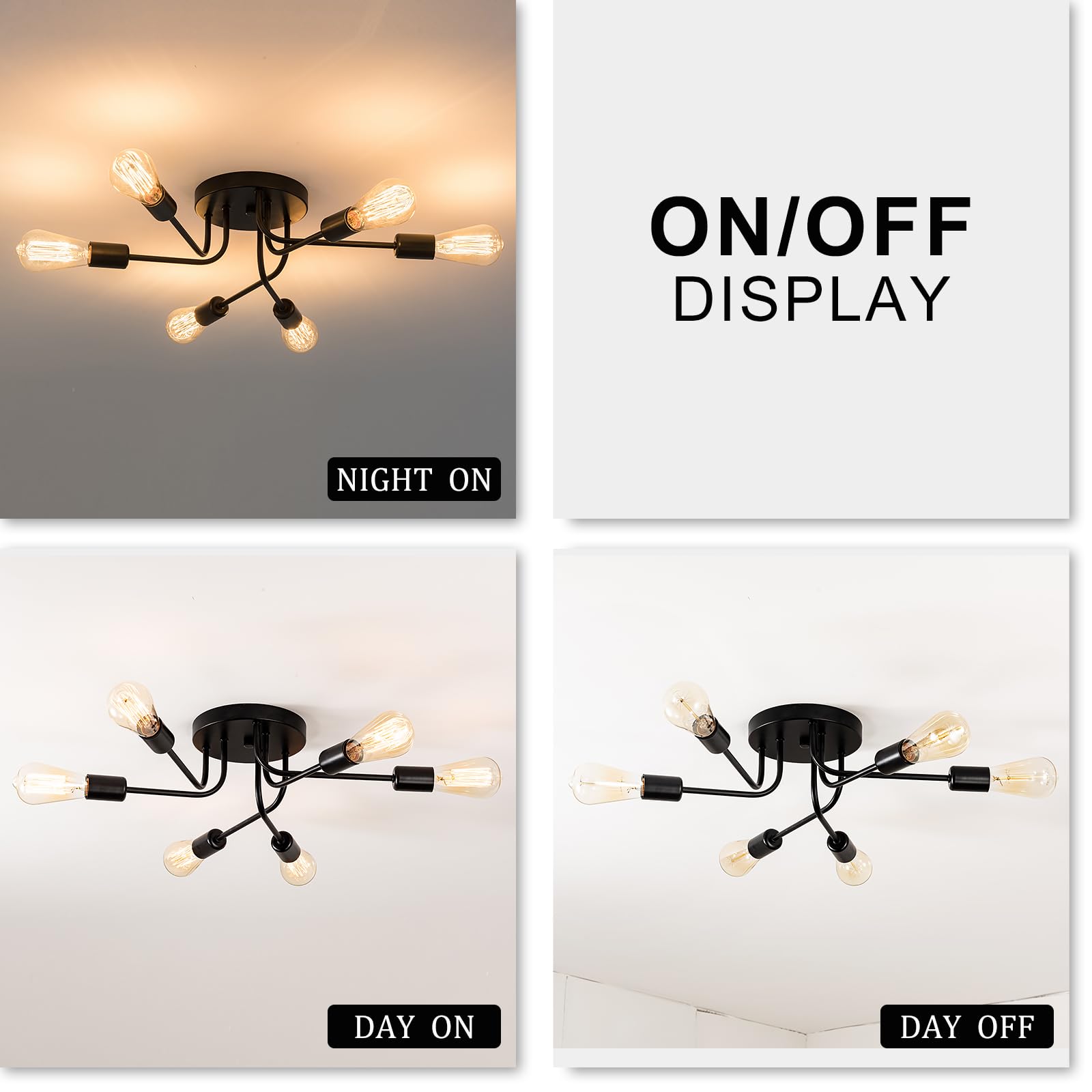 Plfann Industrial Semi Flush Mount Ceiling 6 Light With Adjustable Metal Branched Vintage Ceiling Light E26 Holder Black Painted