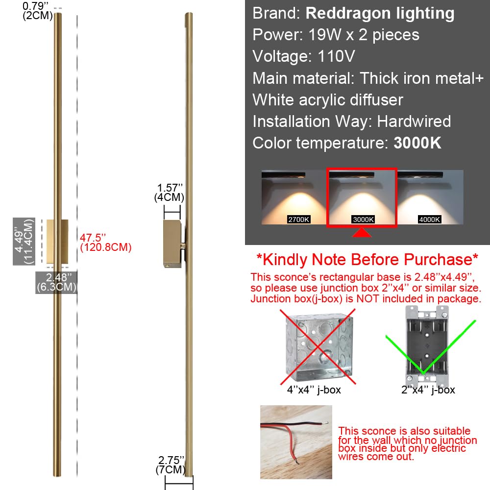 Reddragon Lighting Set Of 2 Modern Linear Led Wall Light Hardwired Dimmable 48 Inch Slim Tube Waterproof Vanity Wall Sconce For Living Room Corridor Bathroom (2 Pack, 48'', Gold, Dimmable)