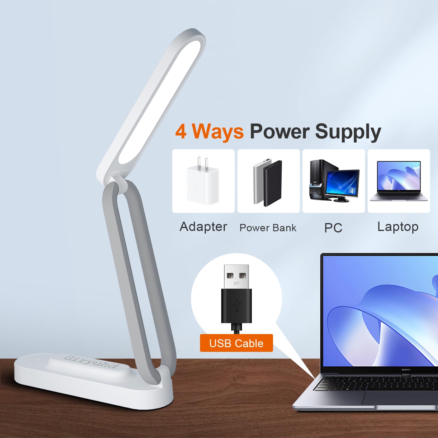 Giryuhd LED Desk Lamp - Rechargeable, Foldable, Portable, 3 Brightness Levels, White, Model A211
