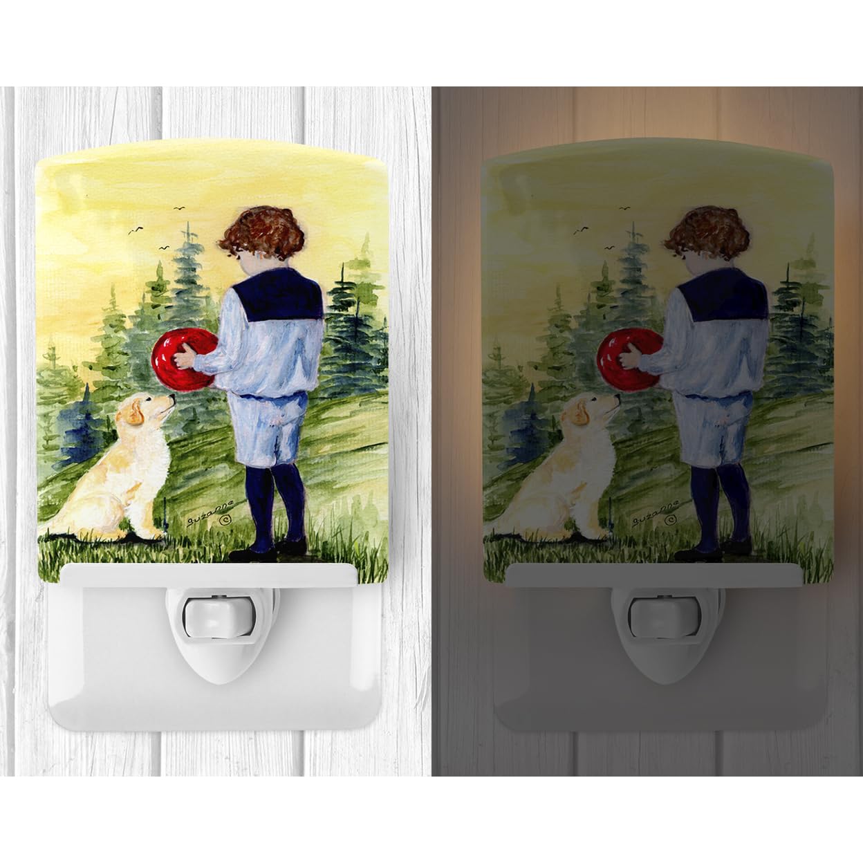 Caroline'S Treasures Ss8530Cnl Little Boy With His Golden Retriever Ceramic Night Light Compact, Ul-Certified, Ideal For Bedroom, Bathroom, Nursery, Hallway, Kitchen, 6X4X3, Multicolor
