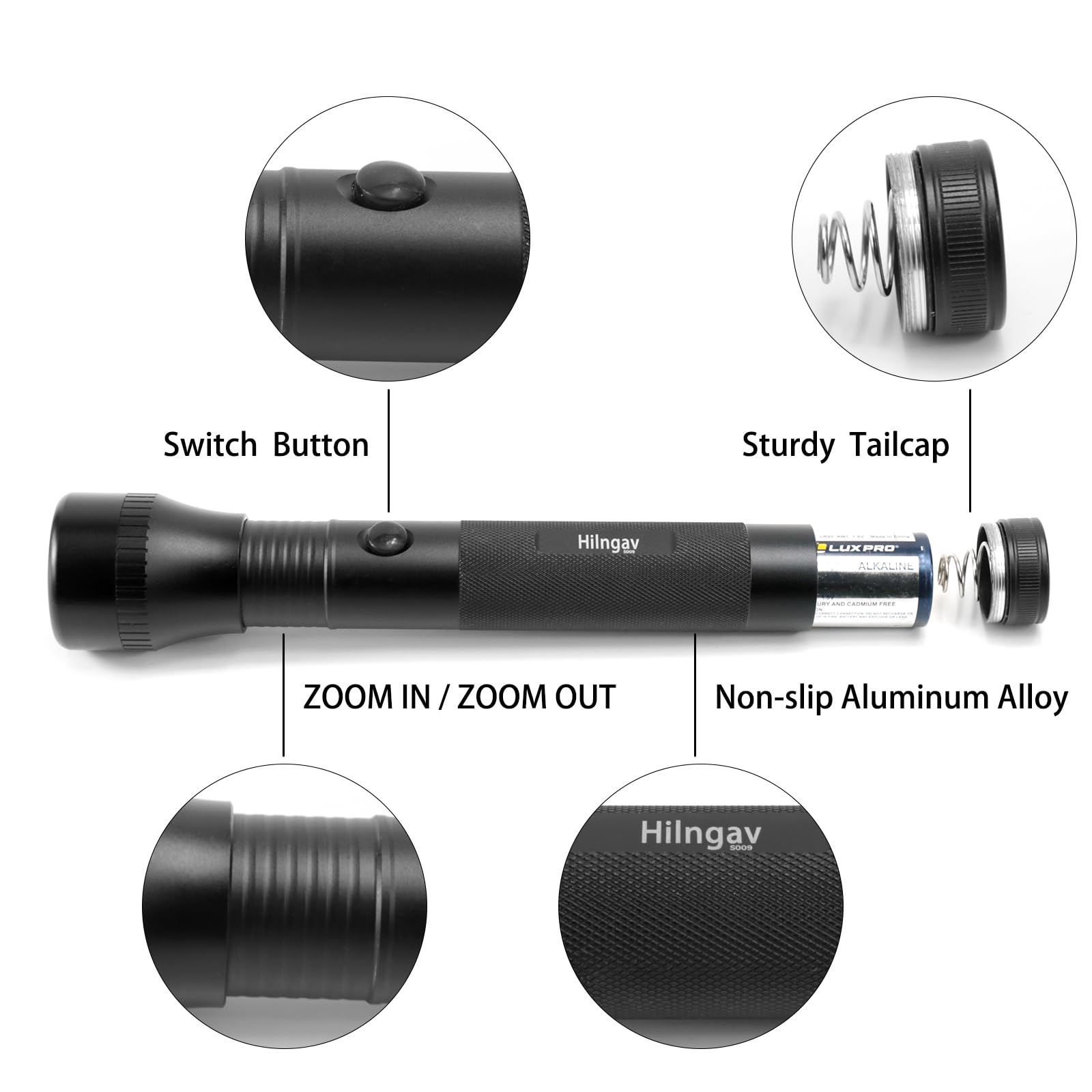 Hilngav 2-Cell D Battery LED Flashlight, Zoomable Torch, Aluminum, 2 Pack, Black, Model S009