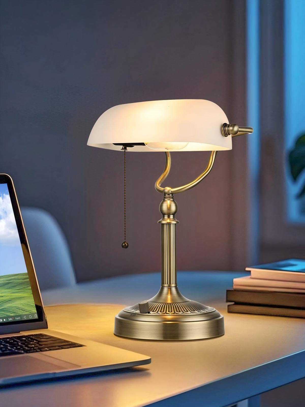 Newrays White Matted Glass Bankers Desk Lamp, Stepless Dimmable, LED Bulb Included, Model T9008