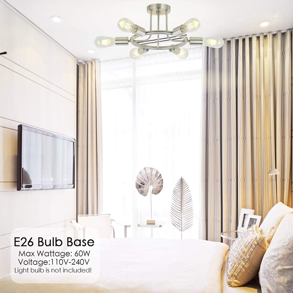 BONLICHT Sputnik Chandelier 6 Light Brushed Nickel Modern Starburst Semi Flush Mount Fixture Model 3020-6C-SN