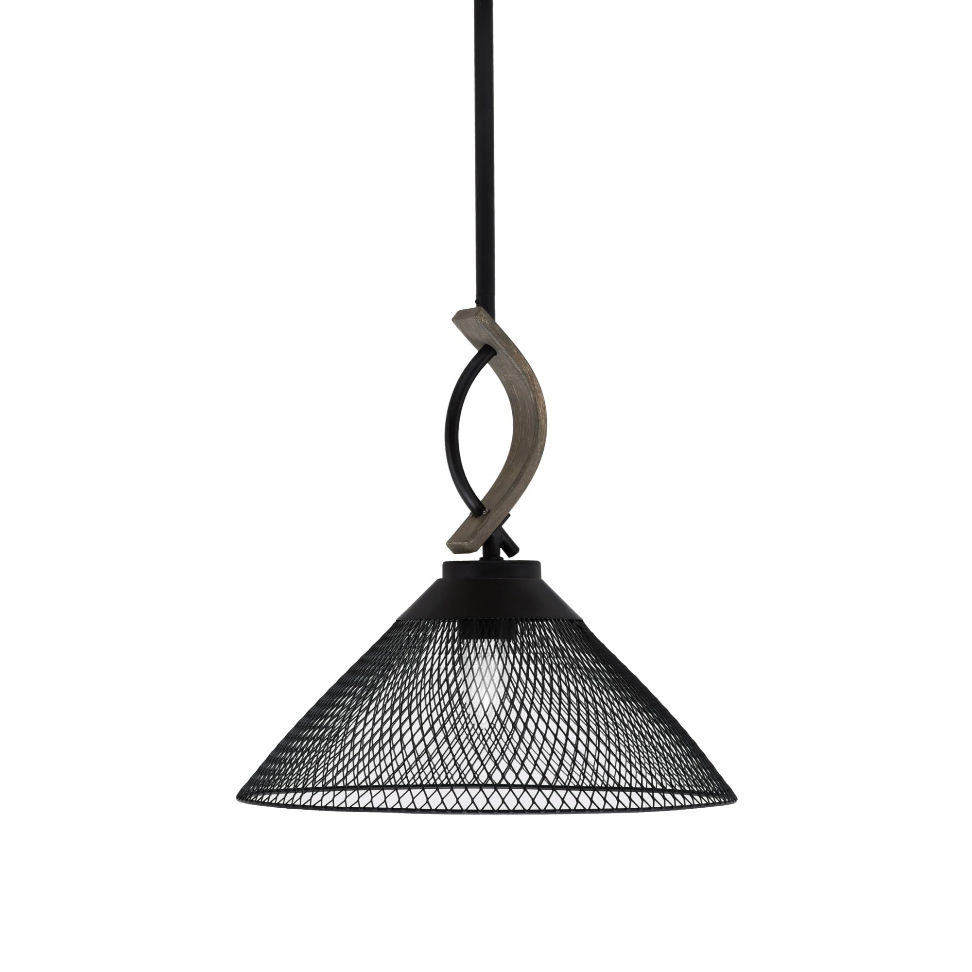 Toltec Lighting Monterey Stem Hung Mini Pendant, Matte Black & Distressed Wood-Look, 14in Cone Mesh Shade