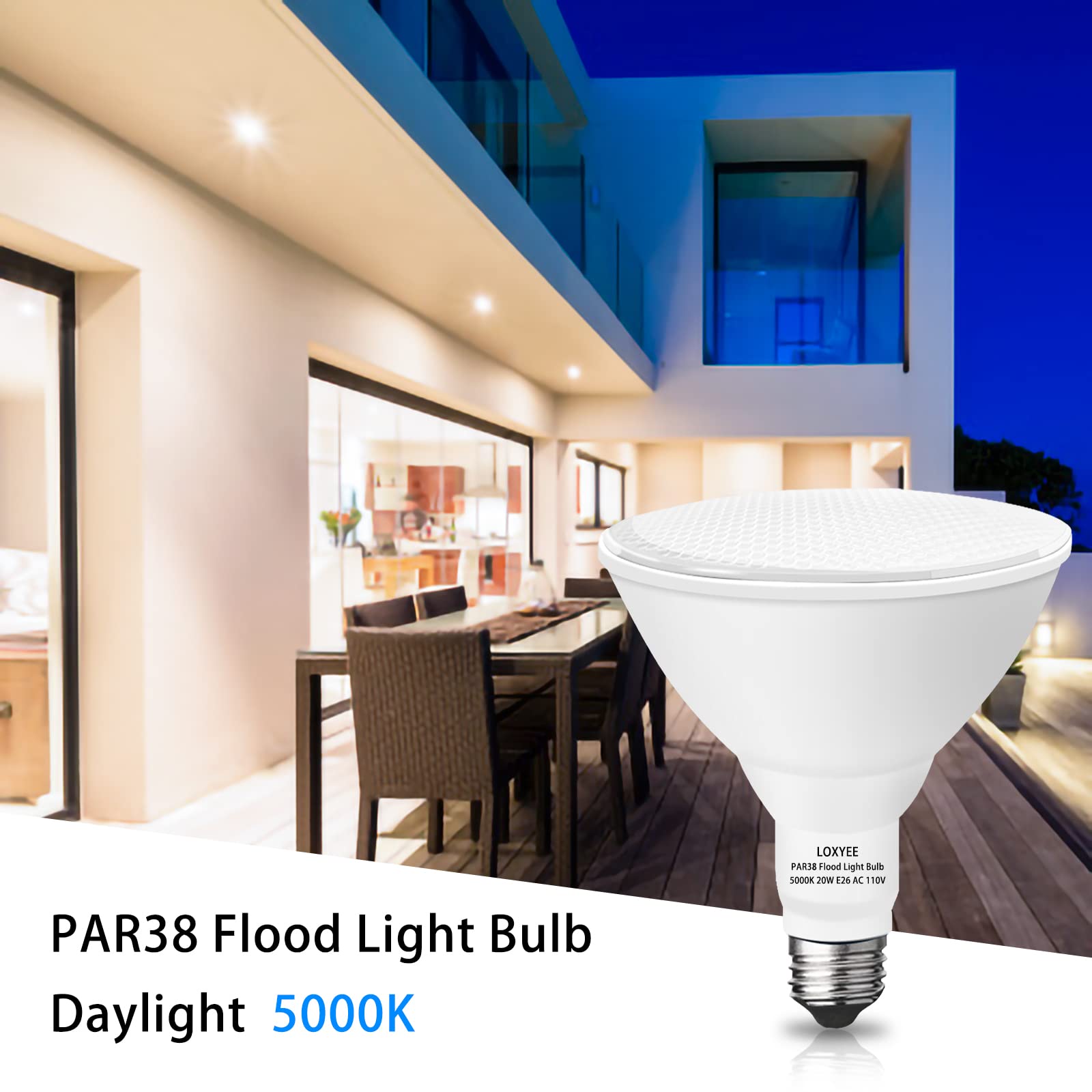 Loxyee Par38 Led Outdoor Flood Light Bulbs 4 Pack,Dimmable 20W(200W Equivalent) E26 Base Flood Light Bulbs,5000K Daylight 1800 L