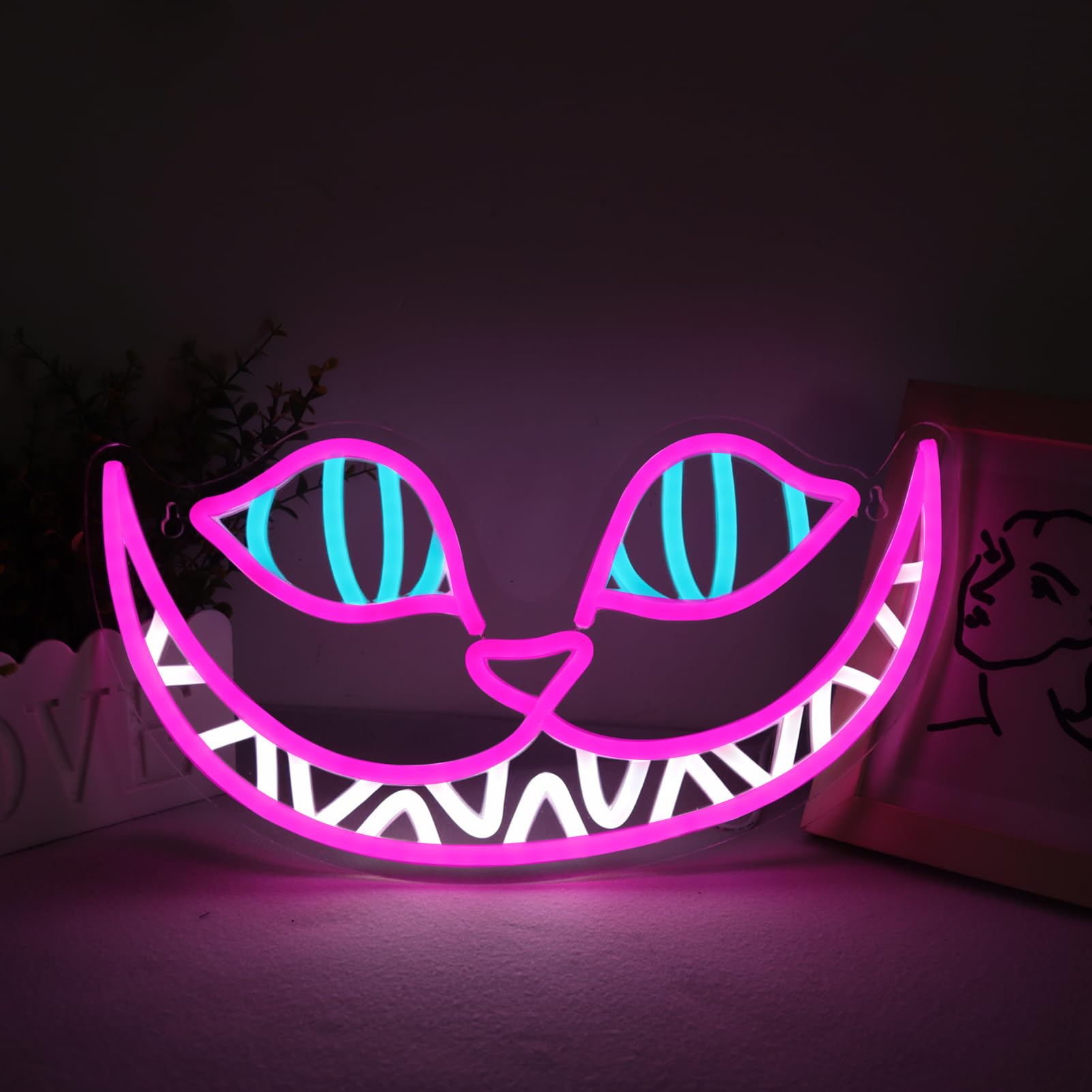 Tiabuy Neon Sign - Cheshire Cat LED Wall Art Decor, 17x9 inch, Pink Acrylic, Model TB-NS-C-05